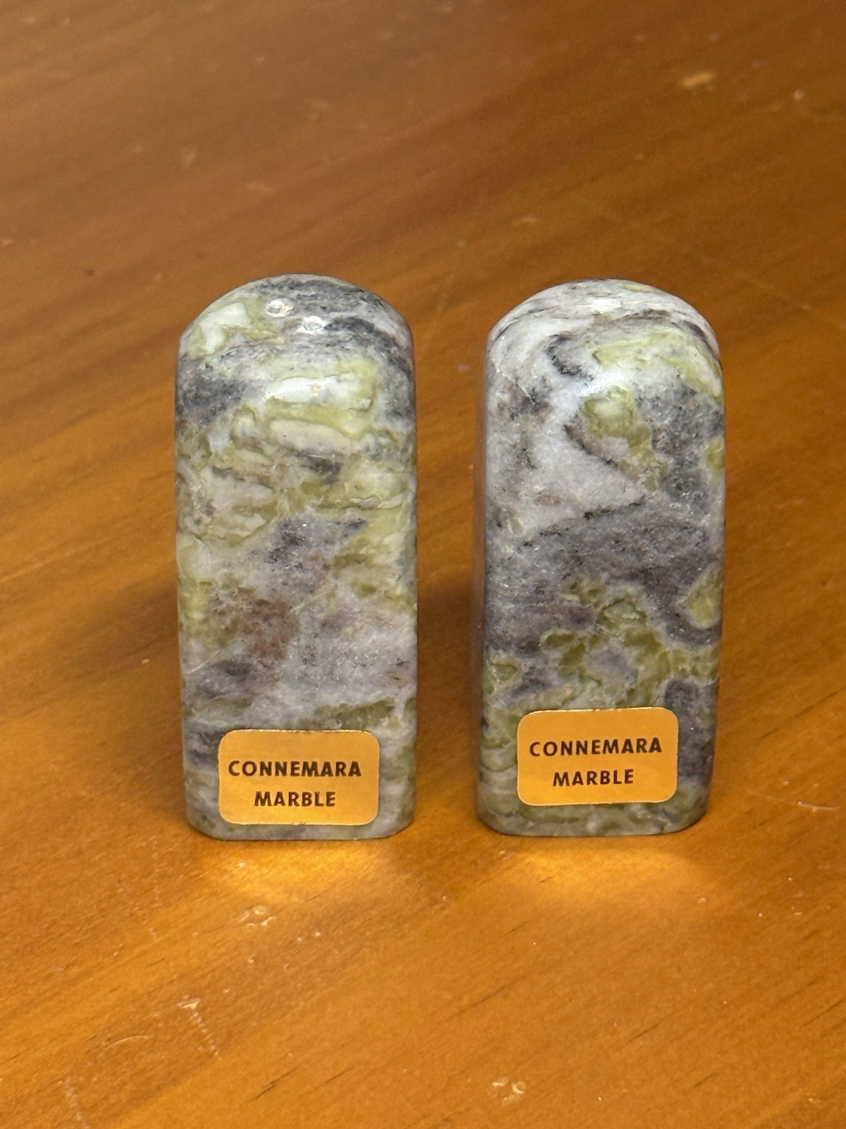 Vintage Connemara Marble Salt & Pepper Shakers Ireland Original Labels Rounded