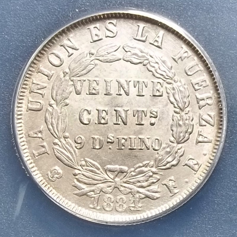 BOLIVIA - 20 CENTAVOS - 1884/3 OVERDATE - UNIQUE? - ANACS AU58 - KM# 159.1