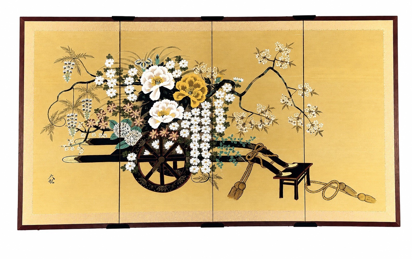 Vtg Japanese Showa 4 Panel Silk Screen Flower Cart Hanaguruma Painting +Brackets
