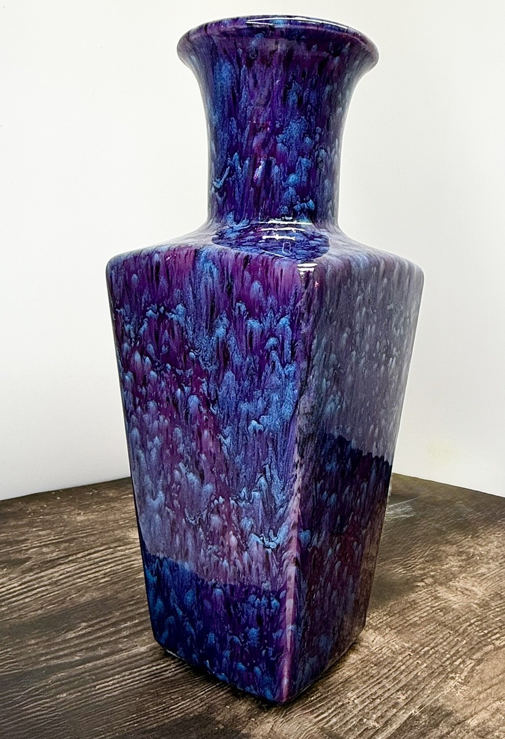 VTG Tapered Ceramic Art Vase Crystalline Drip Glaze Purple,Blue,Teal Signed MW 3