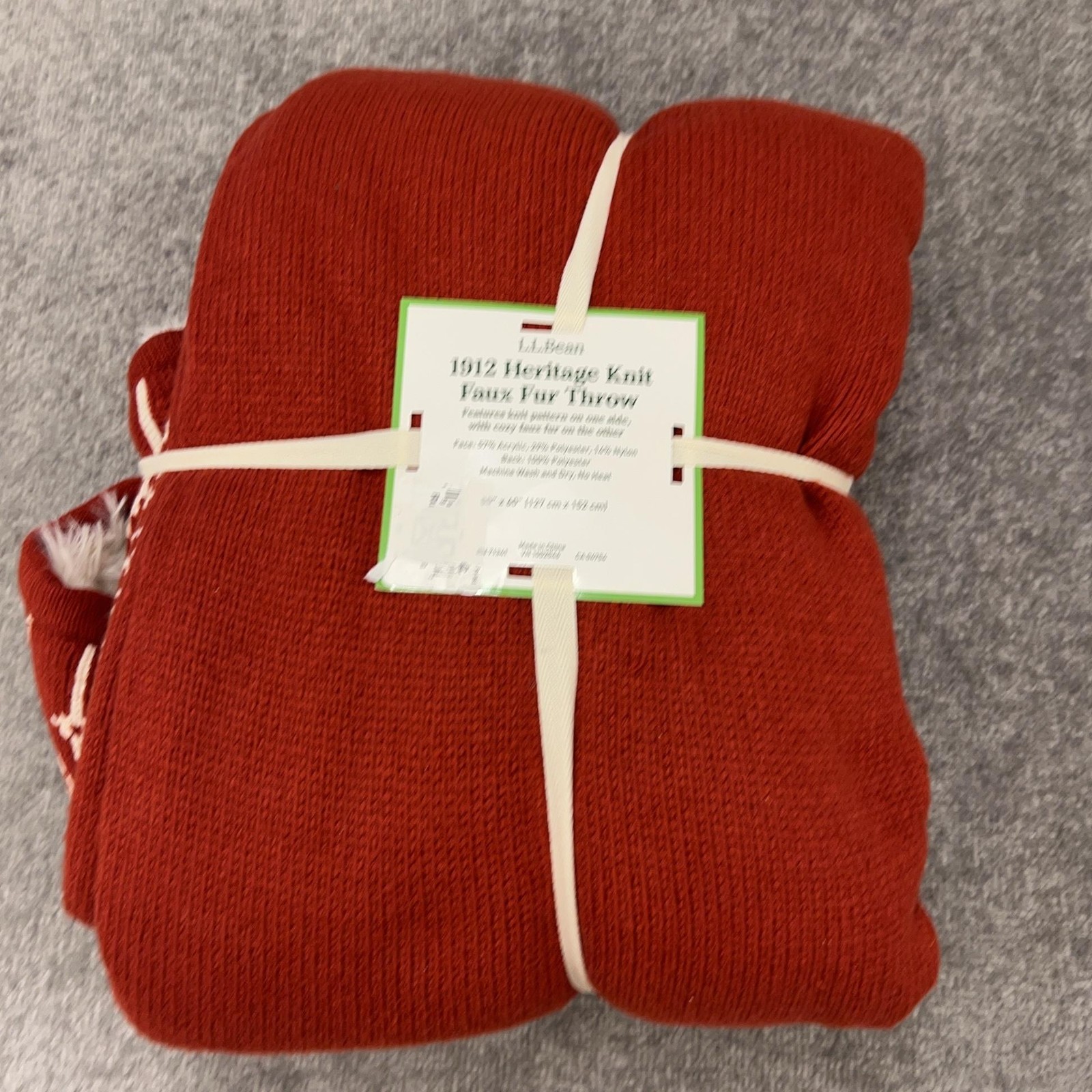 L.L.Bean 1912 Heritage Knit Faux Fur Throw Blanket 50x60 Rust Red Fair Isle NEW