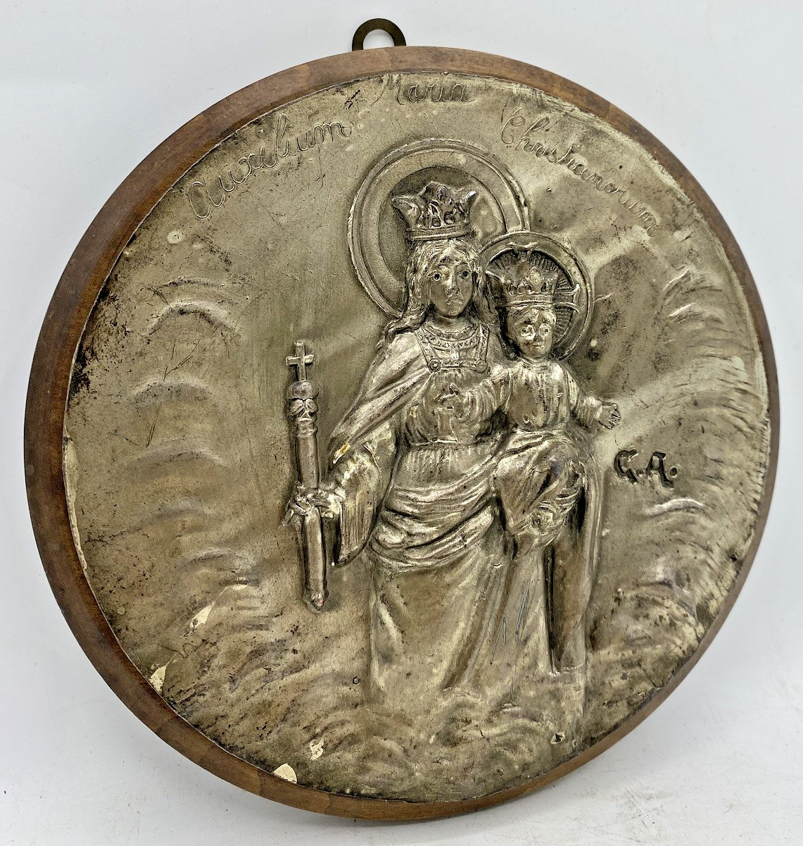 Antique italian religious low relief early 1900\'s metal on wood signed Antique italian religious low relief early 1900\'s metal on wood signed