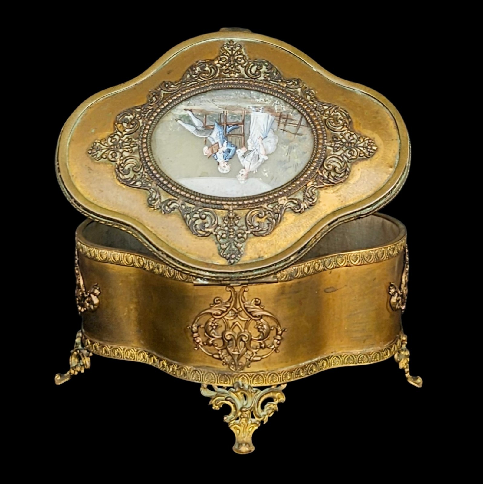 Antique French Napoleon III Bronze Doré Jewelry Casket Box Cherub Miniature