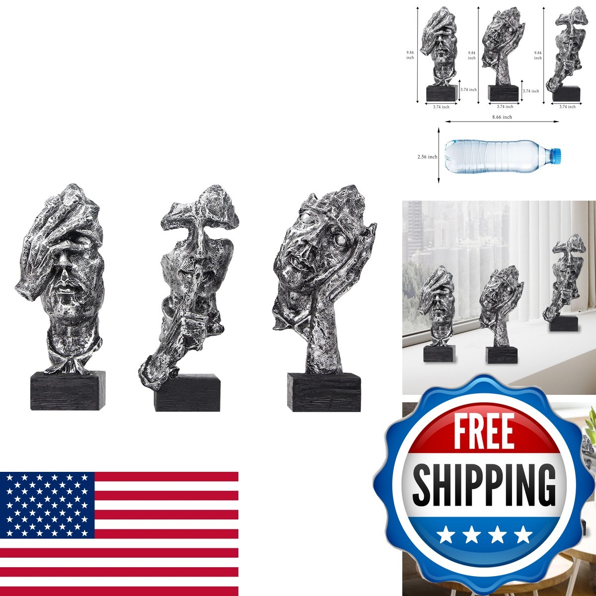 Aboxoo Large 3 Pcs Thinker Statue, Silence Is Gold Resin Sculptures Decor ZY3091