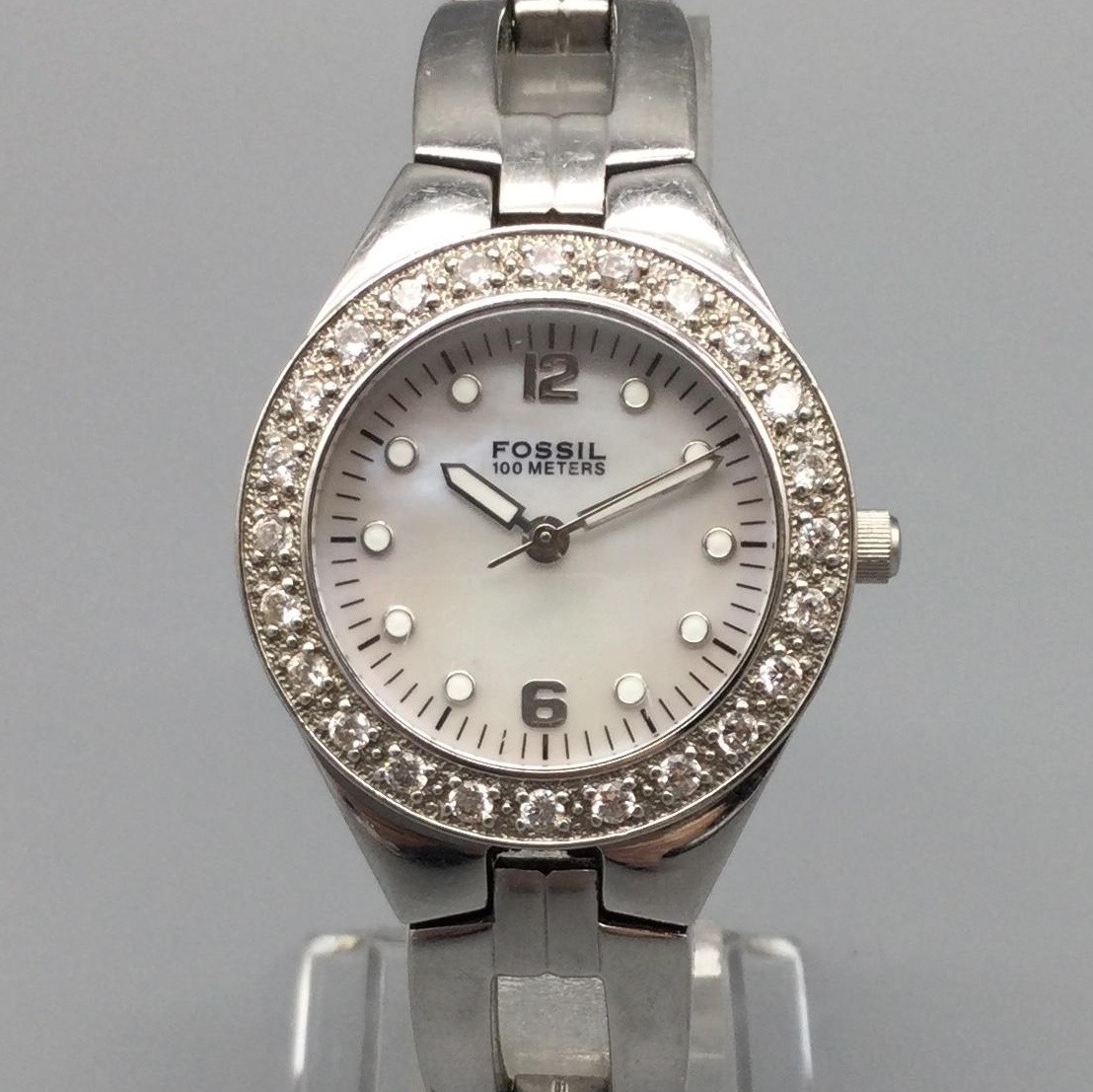 Fossil Womens Watch 29mm MOP Crystal Bezel 100M Stainless New Battery 6.75\