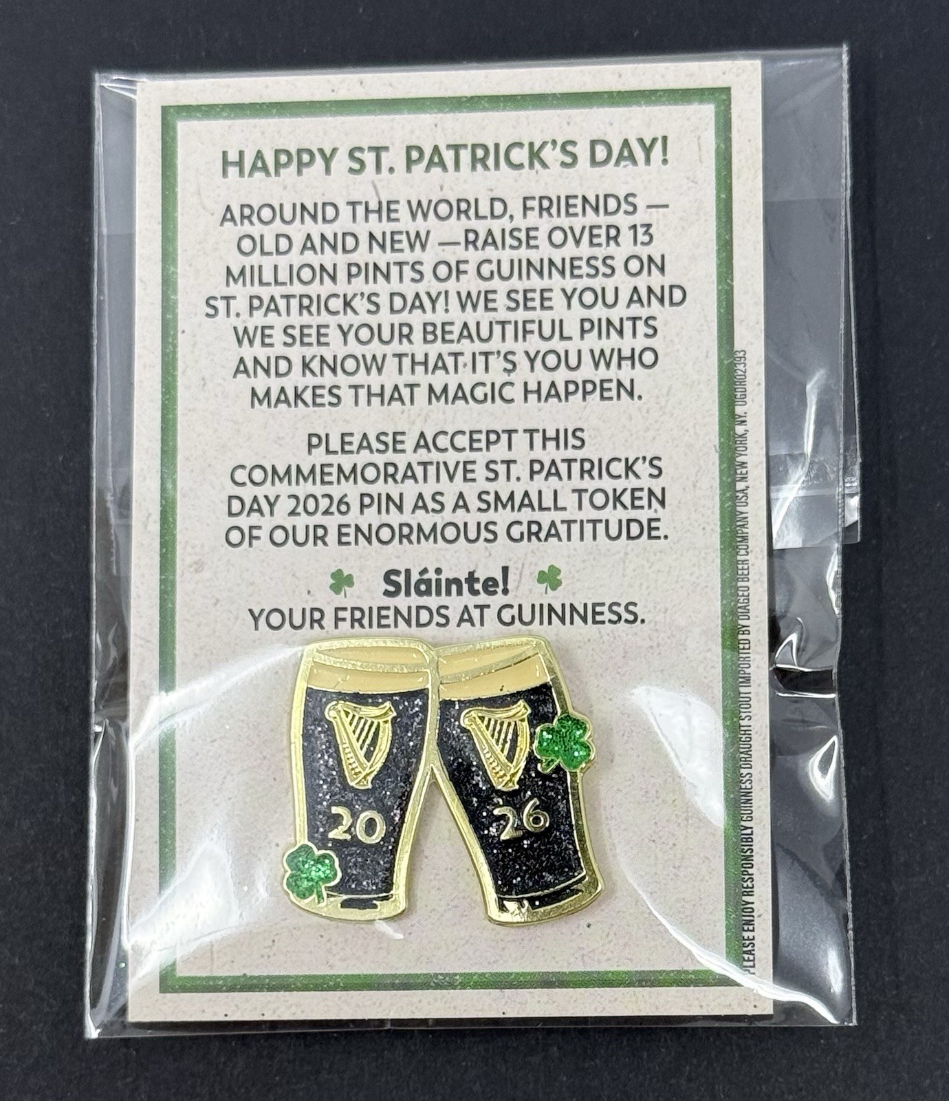 2026 Guinness Happy St. Patrick's Day Pin - New