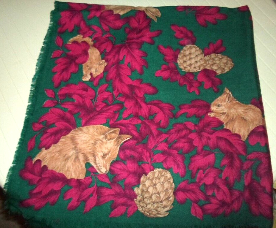 Revillon Paris Square Scarf Rabbit Fox Squirrel Pinecone Leaf Wool Fringe 33-1/2
