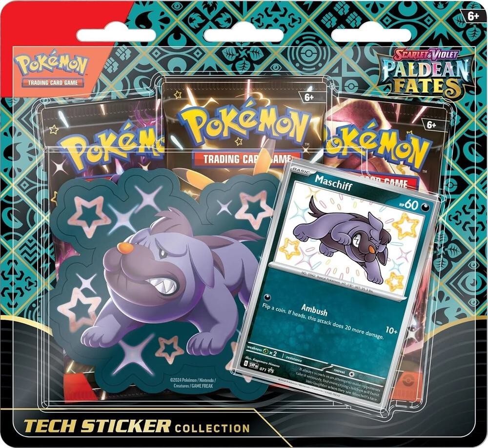 Pokemon Paldean Fates 3 Pack Blister Tech Sticker Collection Maschiff New Sealed