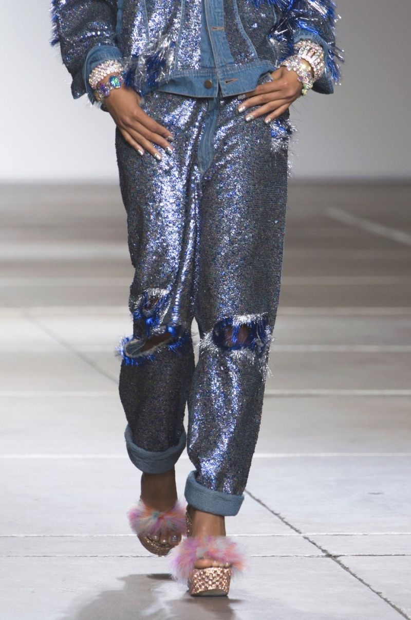ASHISH Blue Sequin Fringe Boyfriend Distressed Denim Jeans XS   S