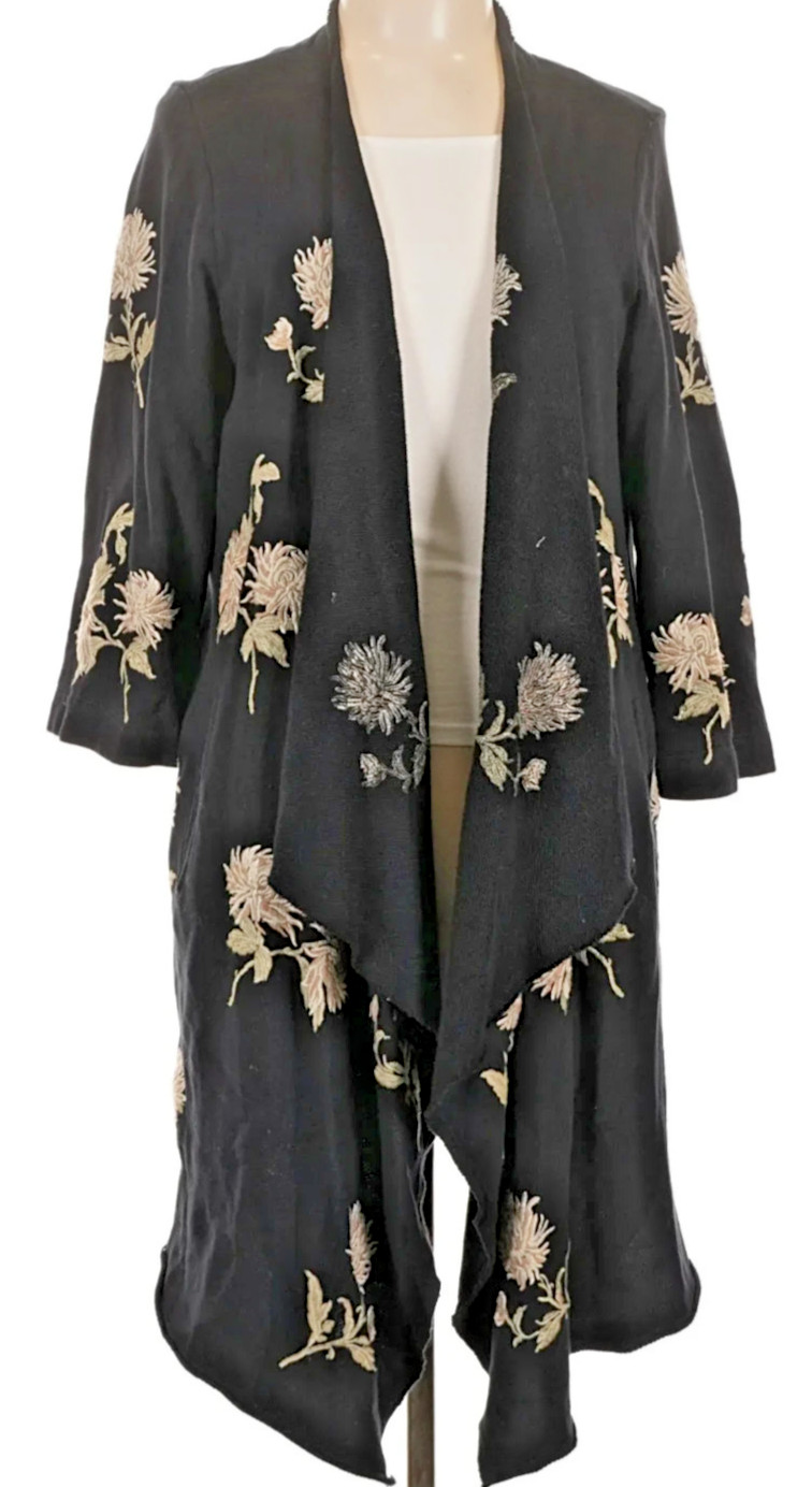 Johnny Was Black Biya Embroidered Mum Wrap Cardigan Chrysanthemum Floral Large