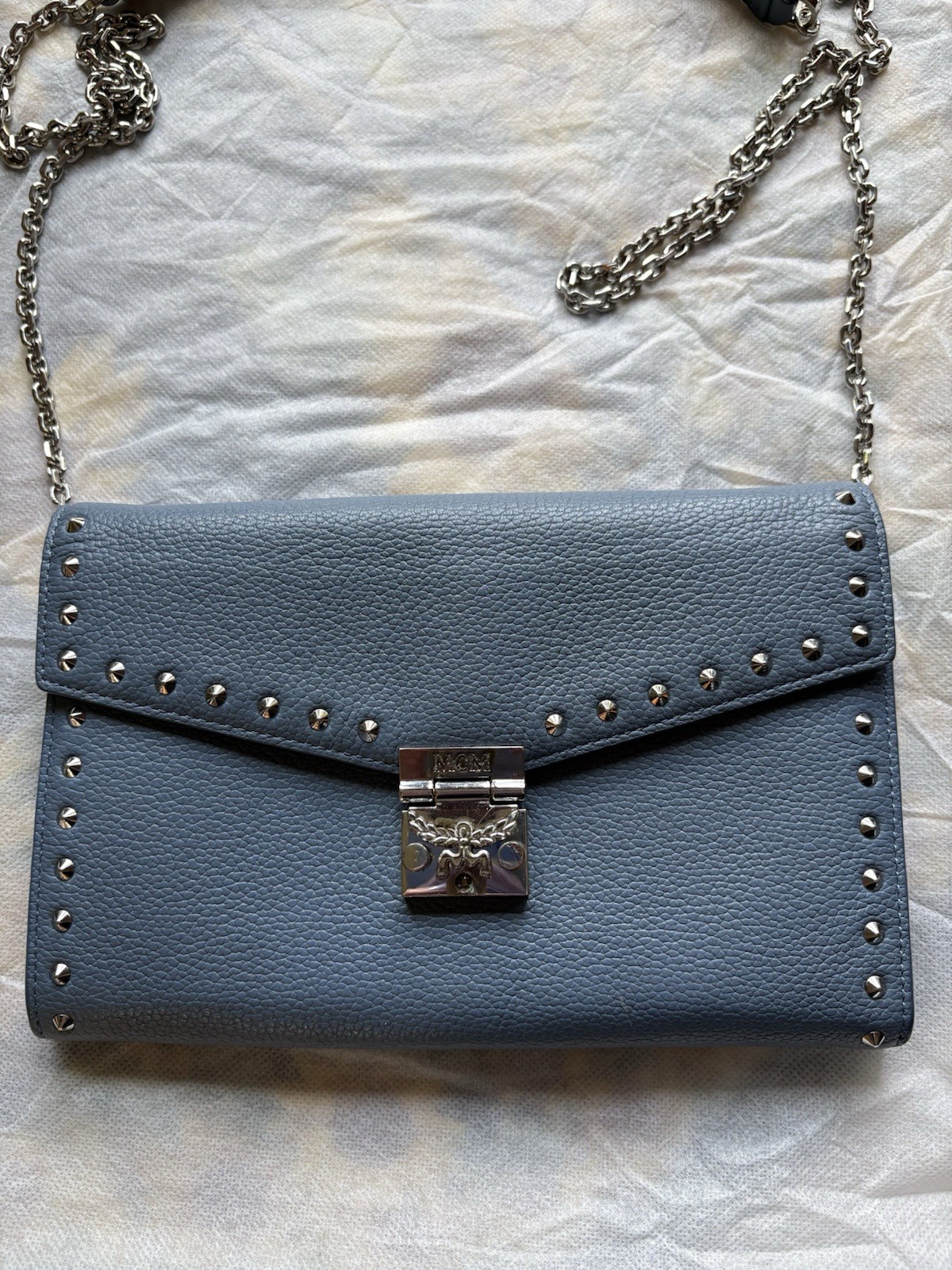 MCM Patricia Large Studded Blue Leather 9” Crossbody Shoulder Chain Bag w/COA