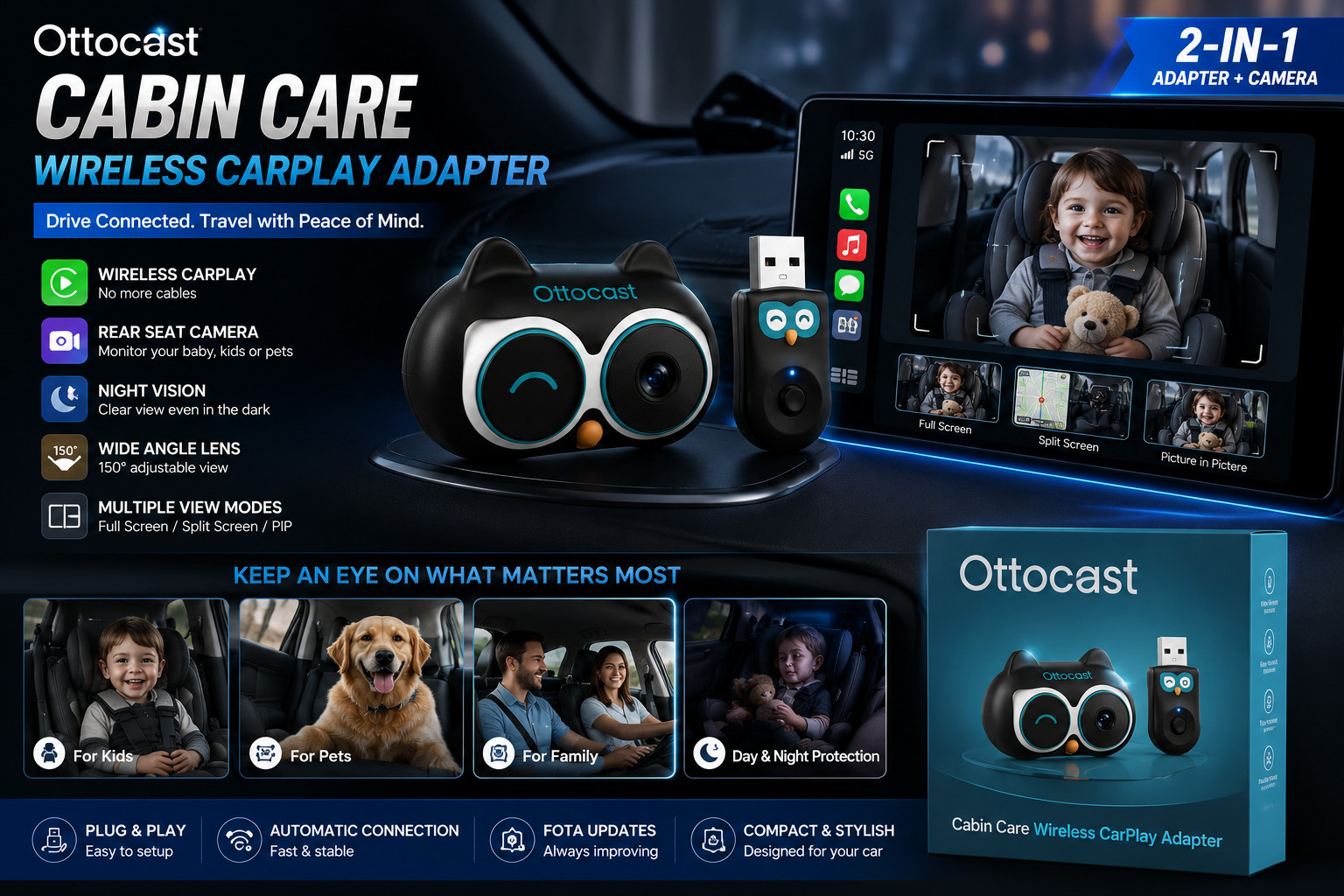 Ottocast Cabin Care Wireless CarPlay Adapter Baby Camera Night Vision New