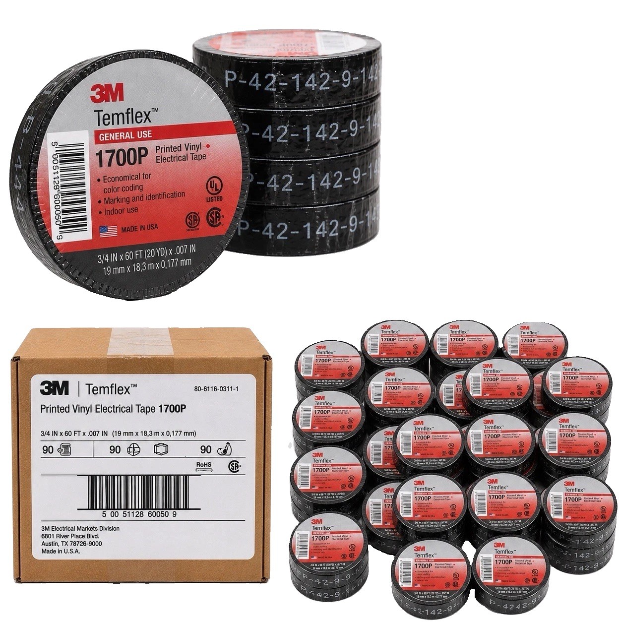 3M Temflex 1700P Printed Vinyl Electrical Tape,1-1/2 x 44 ft,90 rolls.