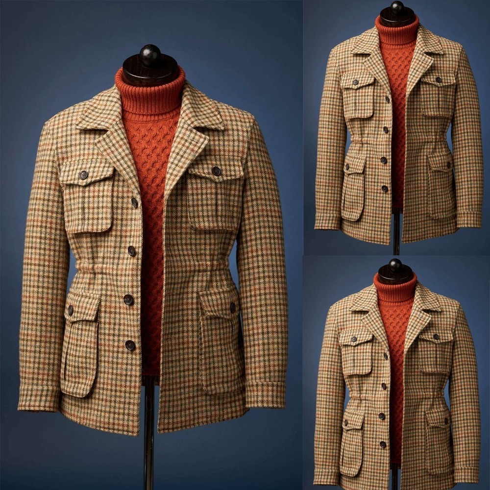 Plaid Tweed Hunting Men's Suits Vintage British Safari Jacket Winter Wool Casual