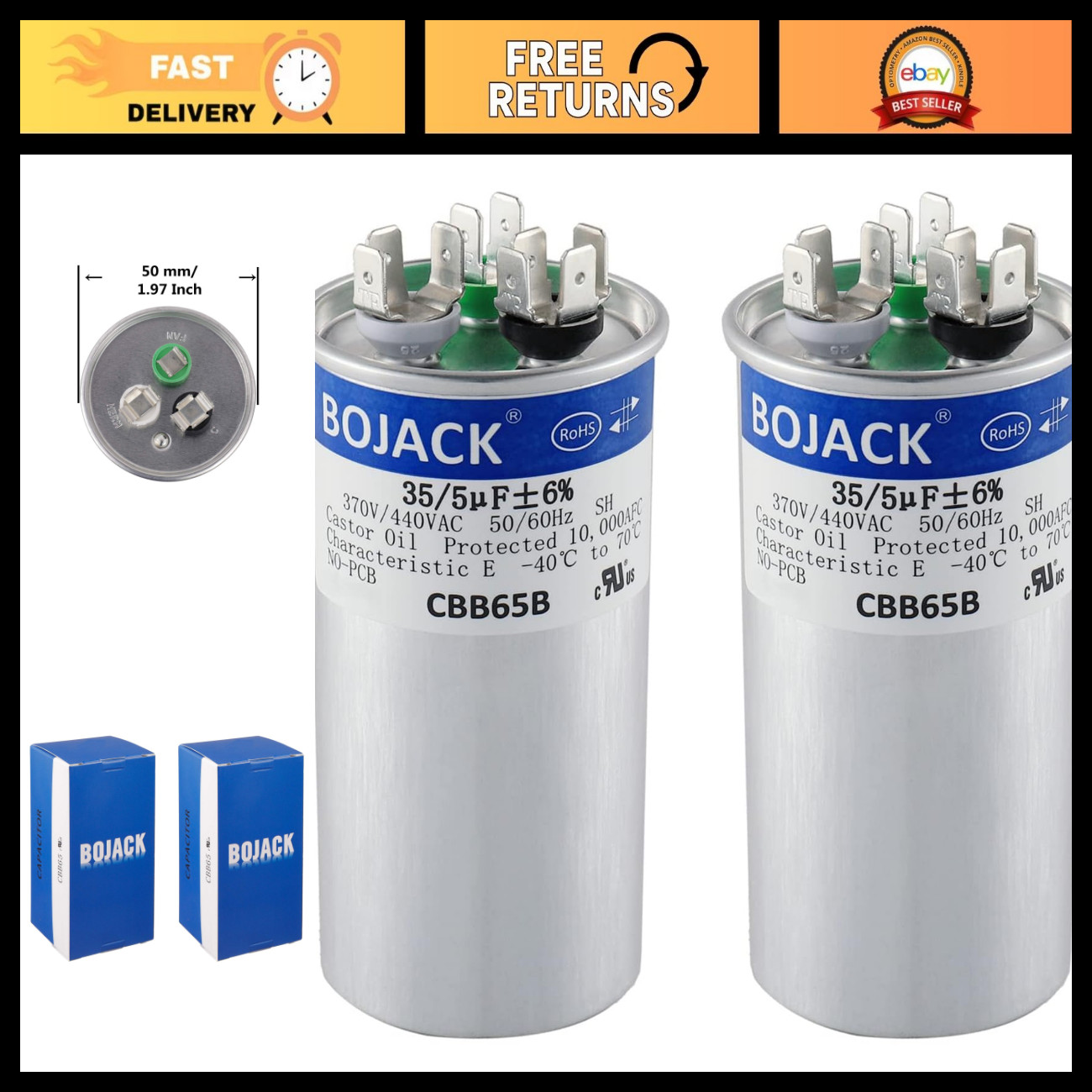 2 Pcs 35+5uF Dual Run Capacitor 370V/440V for AC Motor, Fan & Condenser 2 Pcs 35+5uF Dual Run Capacitor 370V/440V for AC Motor, Fan & Condenser