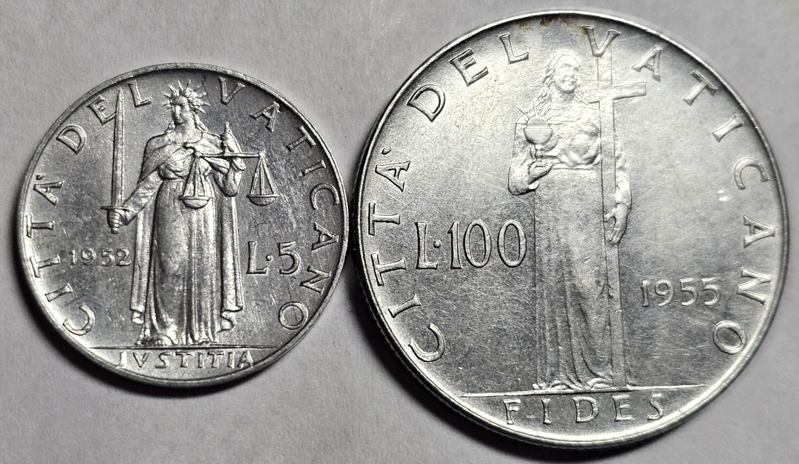 Vatican City 1952 5L 1955 100L Pius XII BU (2 coins) 