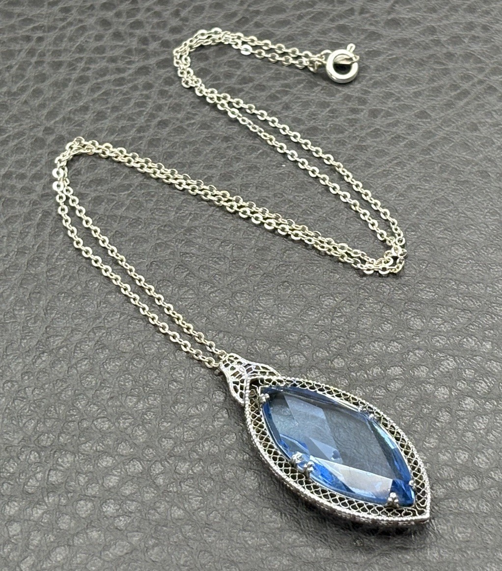 Vintage Czech Antique Blue Faceted Glass Marquise Drop Pendant Necklace 18” Vintage Czech Antique Blue Faceted Glass Marquise Drop Pendant Necklace 18”