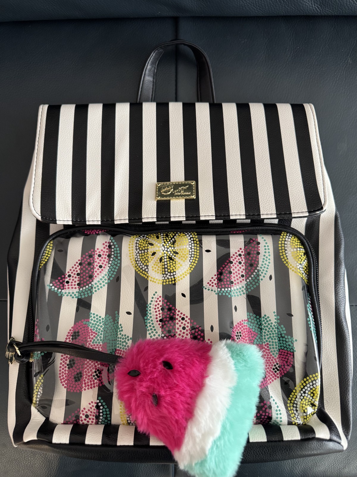 Luv Betsey by Betsey Johnson Striped Clear Backpack Watermelon Charm Kitsch
