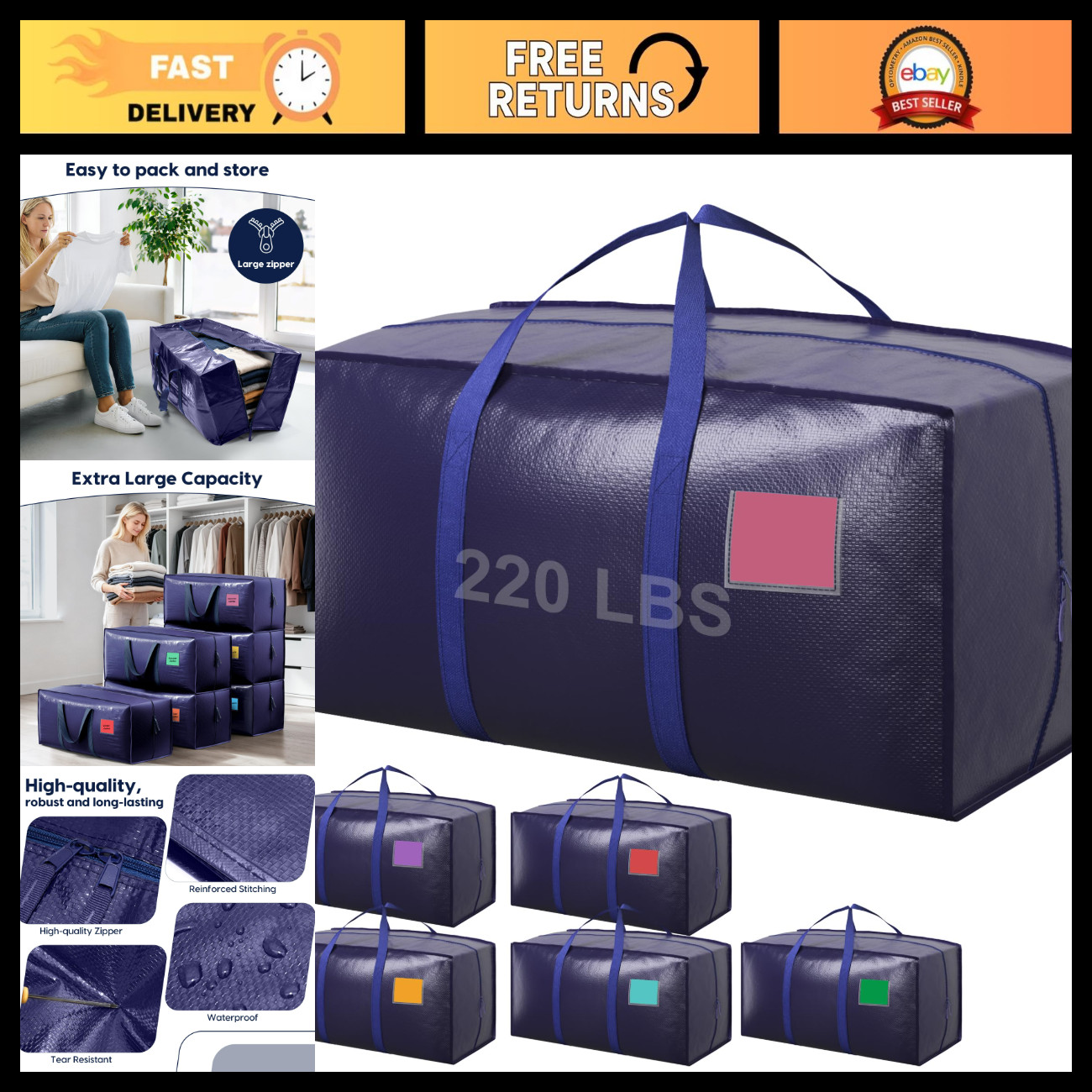 6 Pack Heavy Duty Moving Bags 210GSM, Waterproof Foldable Totes 93L, College Dor