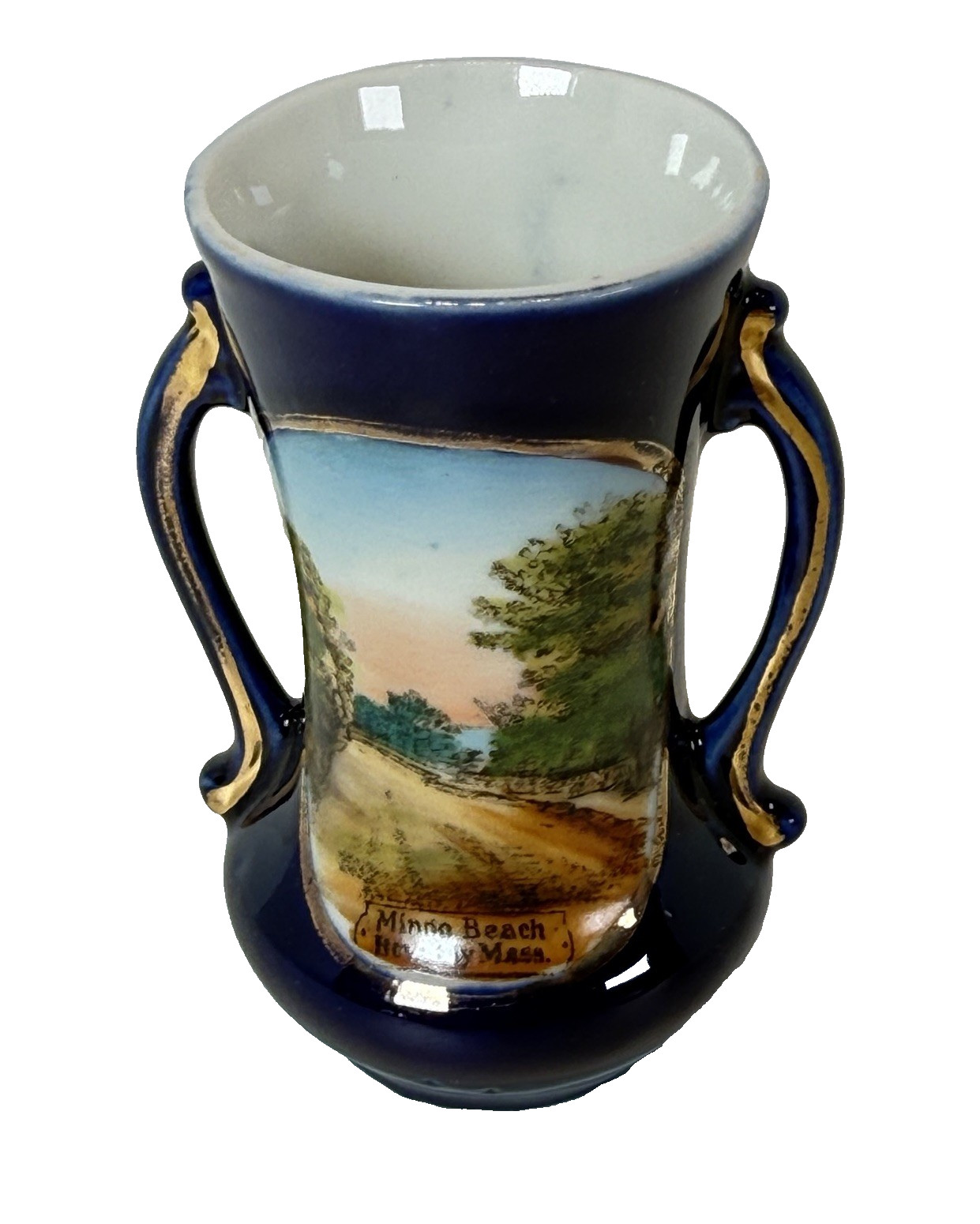 BEVERLY , MASSACHUSETTS MA Antique MINGO BEACH Souvenir Cobalt Trinket Vase