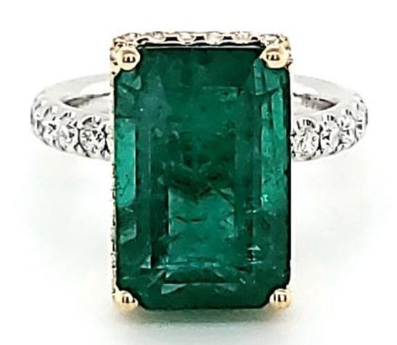 LARGE 10.59CT DIAMOND & AAA EMERALD 18KT 2 TONE GOLD 3D ROUND & EMERALD CUT RING