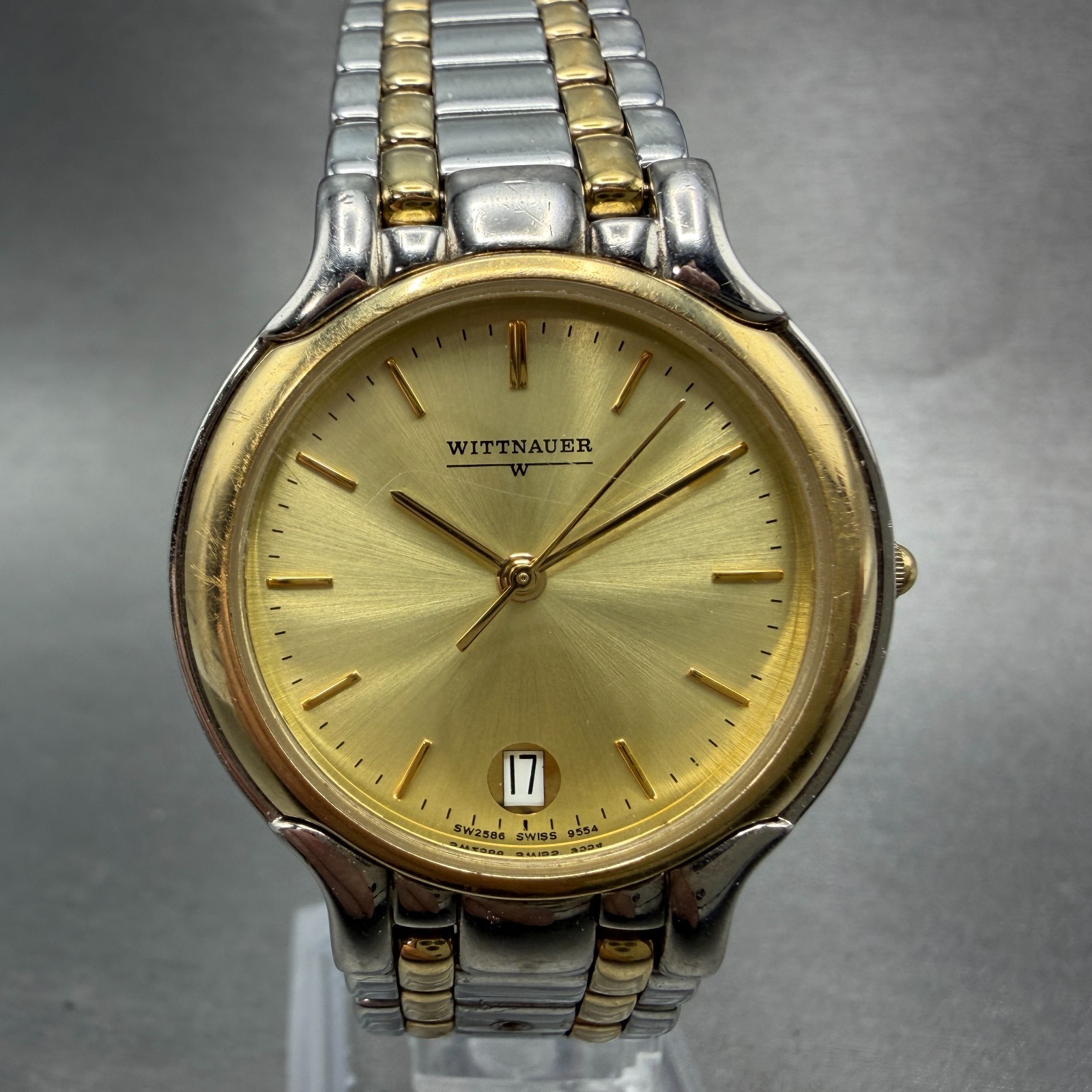 Wittnauer Trieste Watch Men 33m Gold Dial Two Tone Date Round 9554 New Battery