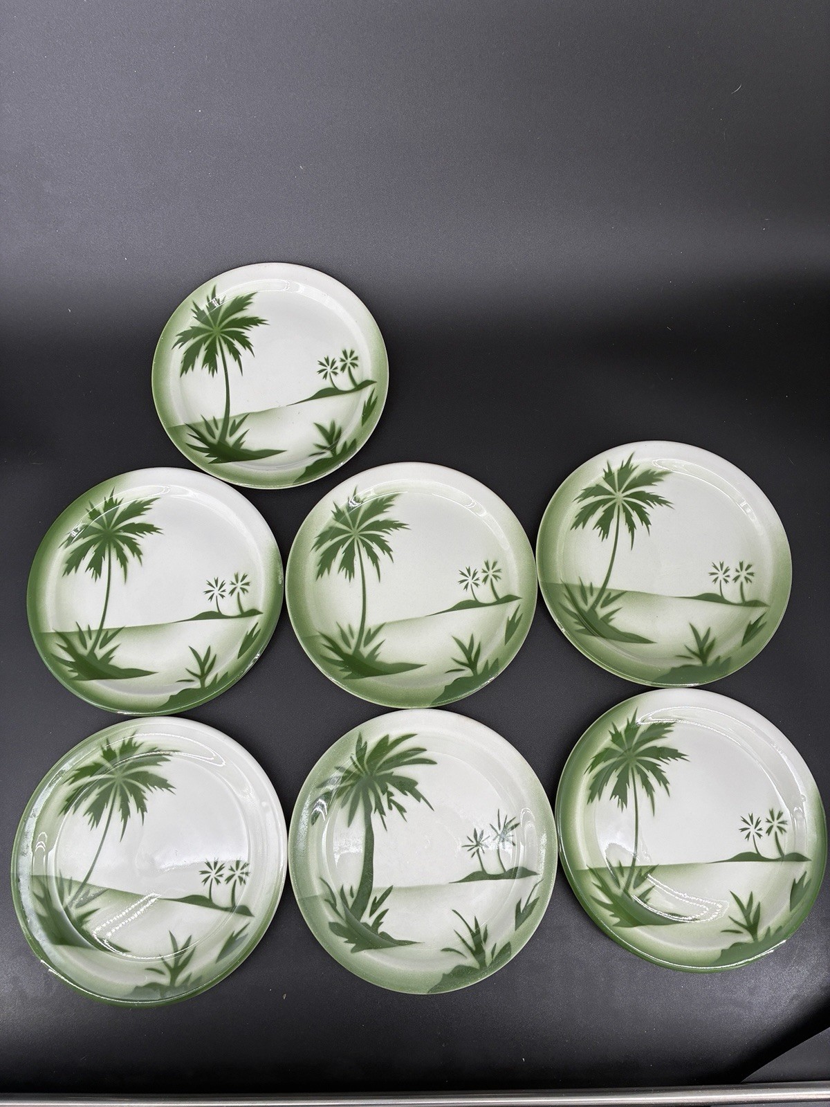 Vtg Jackson China Green Palm Tree Set of 7 Salad Plates 7 3/8\ Vtg Jackson China Green Palm Tree Set of 7 Salad Plates 7 3/8\
