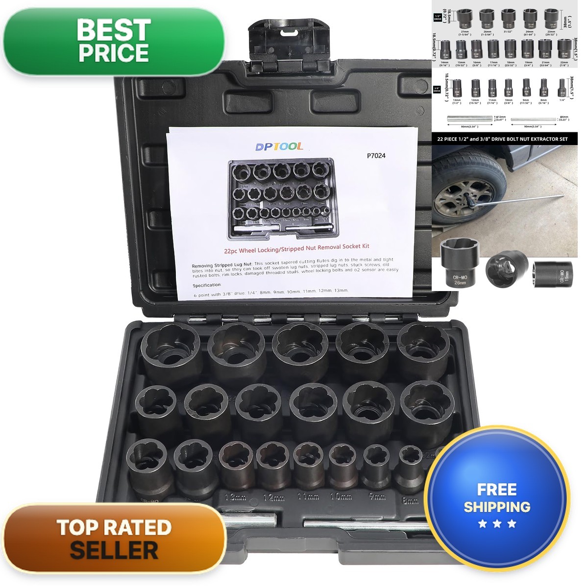 DPTOOL HNUTRE01 Lug Nut Extractor Set Wheel Lock Removal Kit DPTOOL HNUTRE01 Lug Nut Extractor Set Wheel Lock Removal Kit