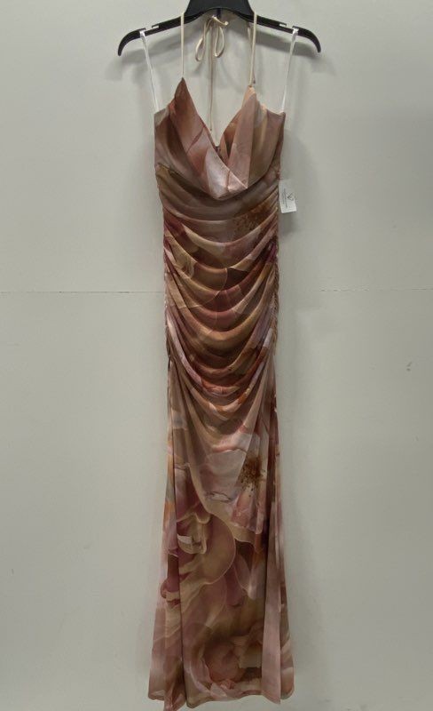 Windsor Women\'s Mauve Pink Floral Ruched Halter Cowl Neck Maxi Gown Sz L NWT