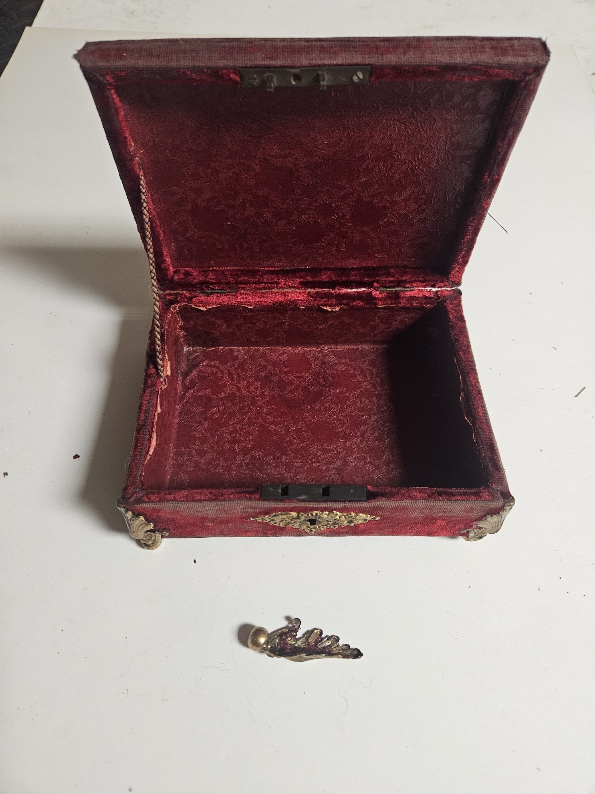 Antique Victorian Red Velvet Box Sewing Jewelry Trinket Gold Detail For Repair 