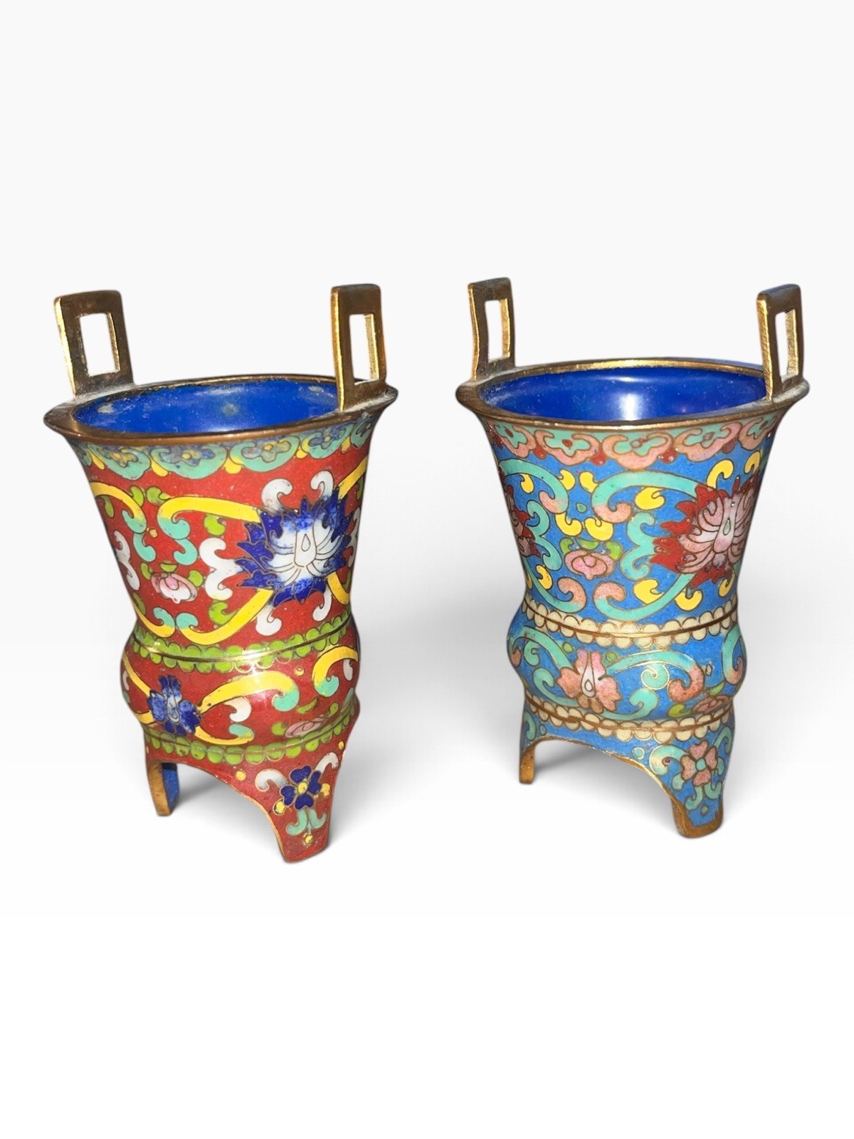 Pair Vintage Chinese Cloisonne Enamel Rhyton Horn Libation Cups Set