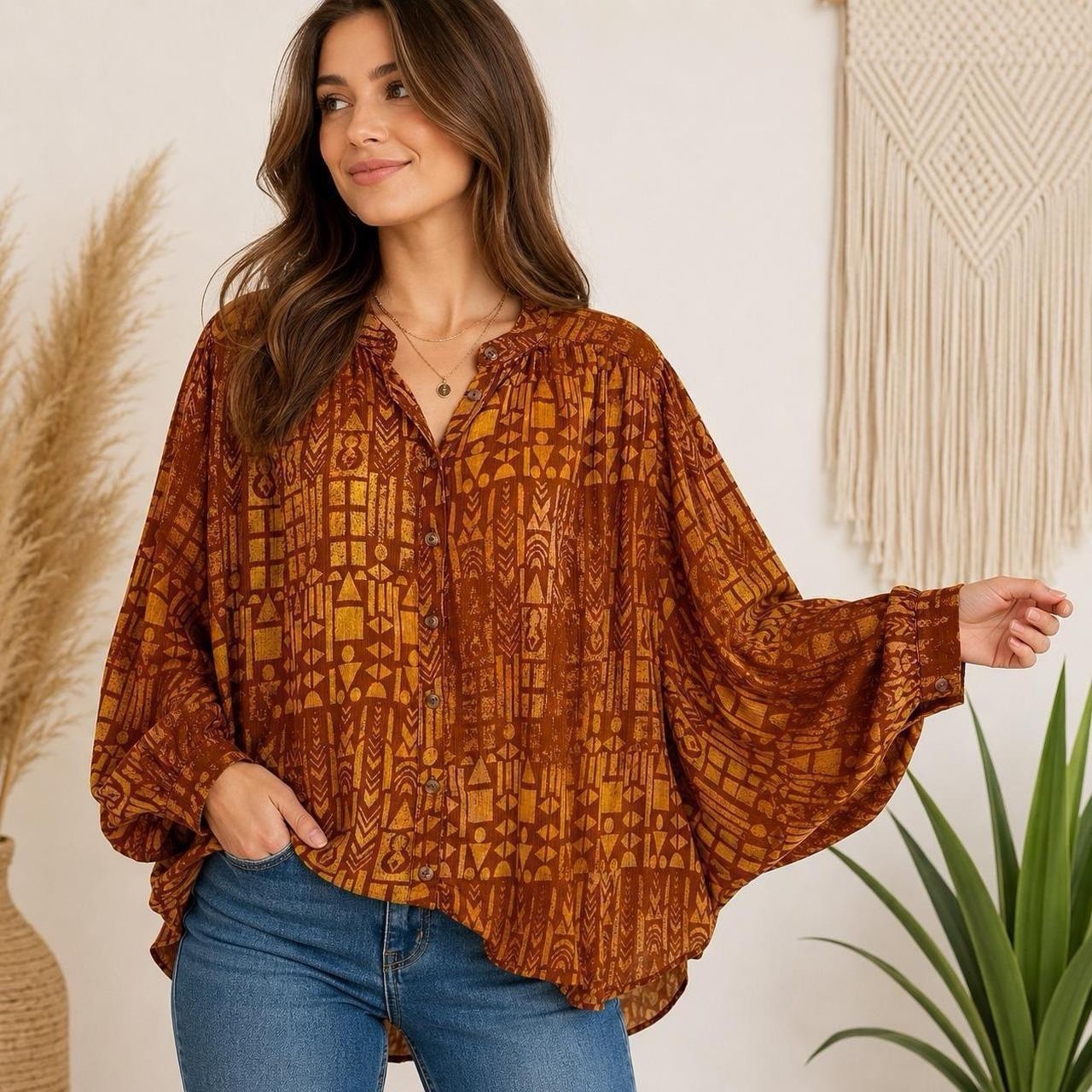 Anthropologie Pilcro The Sidney Batwing Top Size XL Orange Motif Boho NEW W Tags