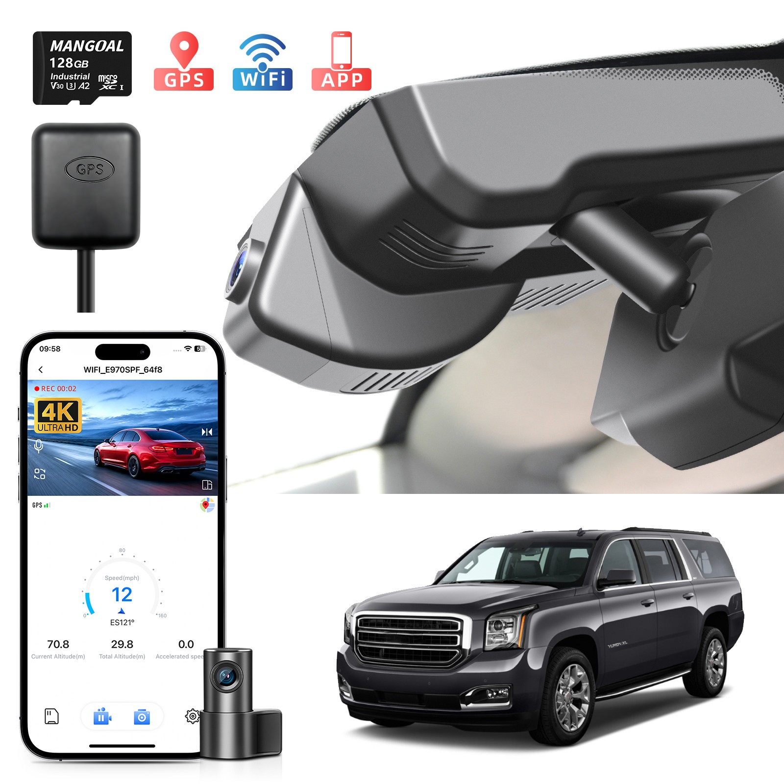 Mangoal 4K + Rear 1080P Dash Cam Custom for GMC Yukon/Yukon XL 2015-2020 GPS APP