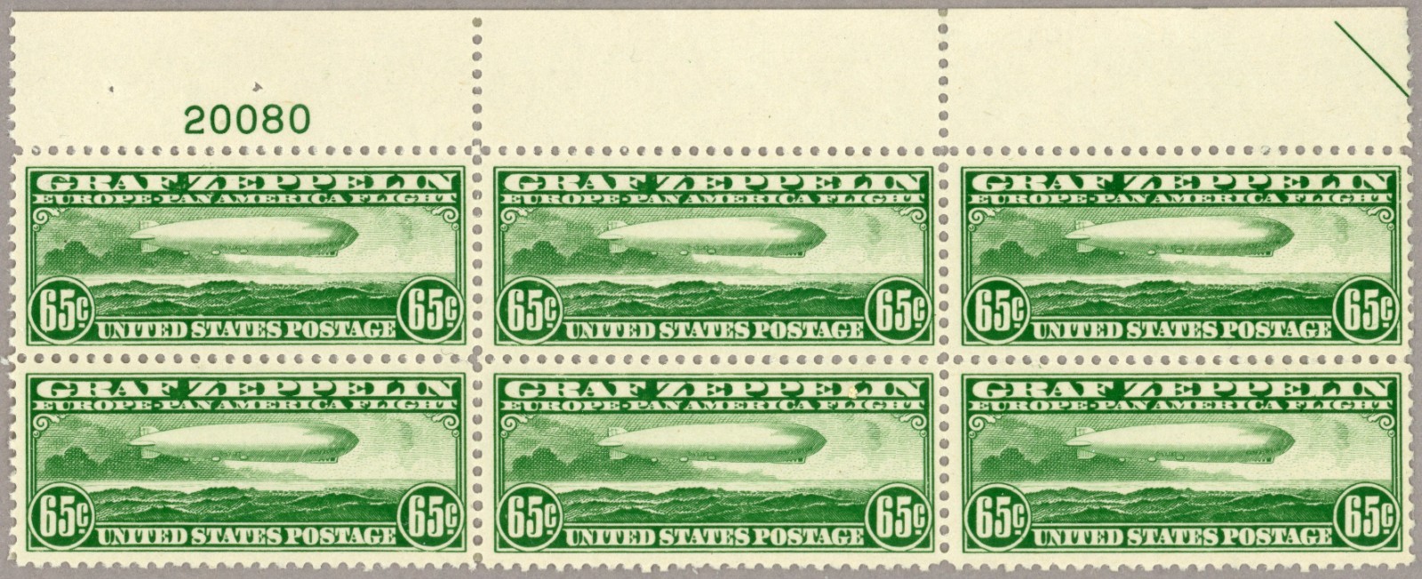 US Scott#C13 OG VLH VF 1930 65c Graf Zeppelin plate block, no faults