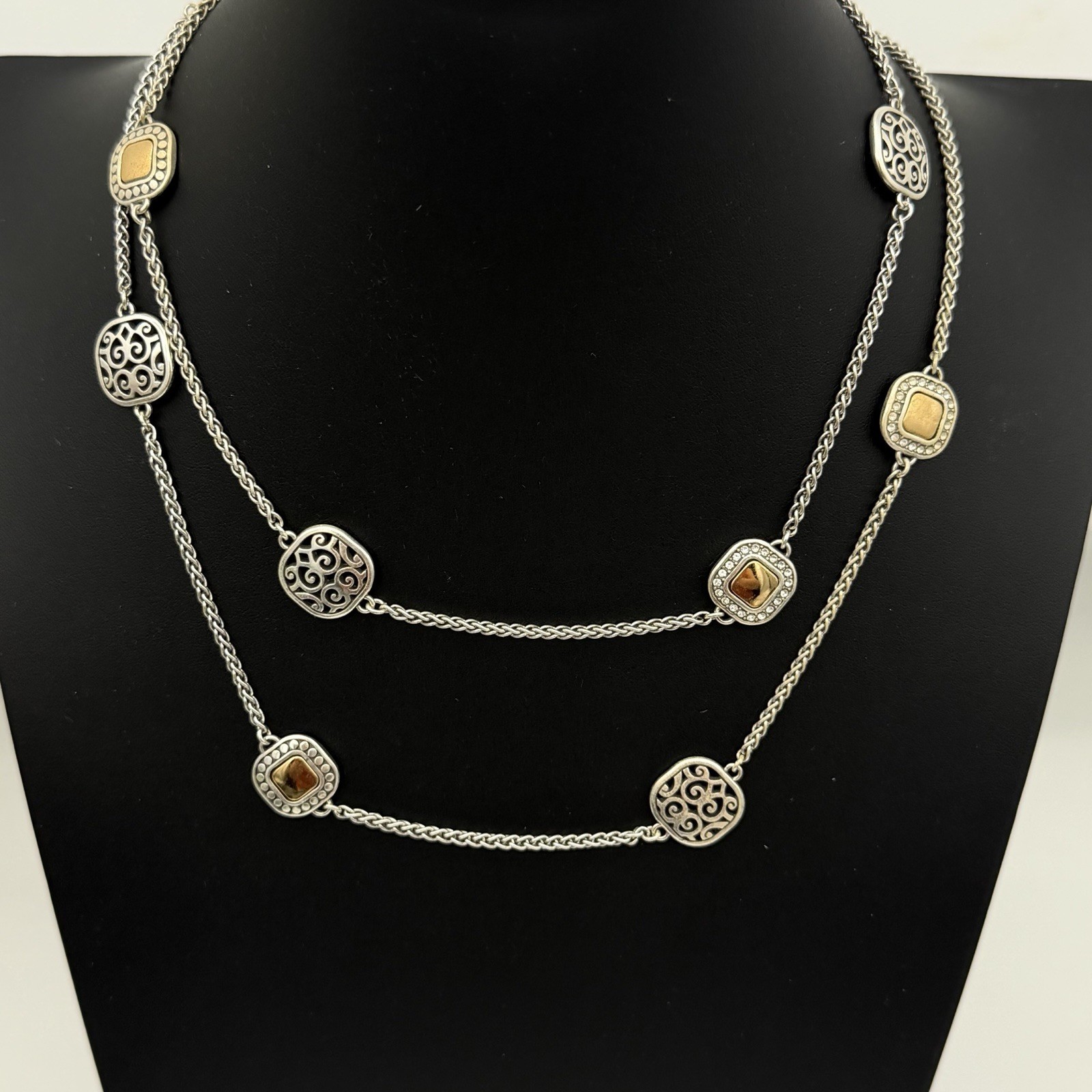 Brighton Shadow Play Long Necklace Silver Gold Tone  Station Layering 40.5