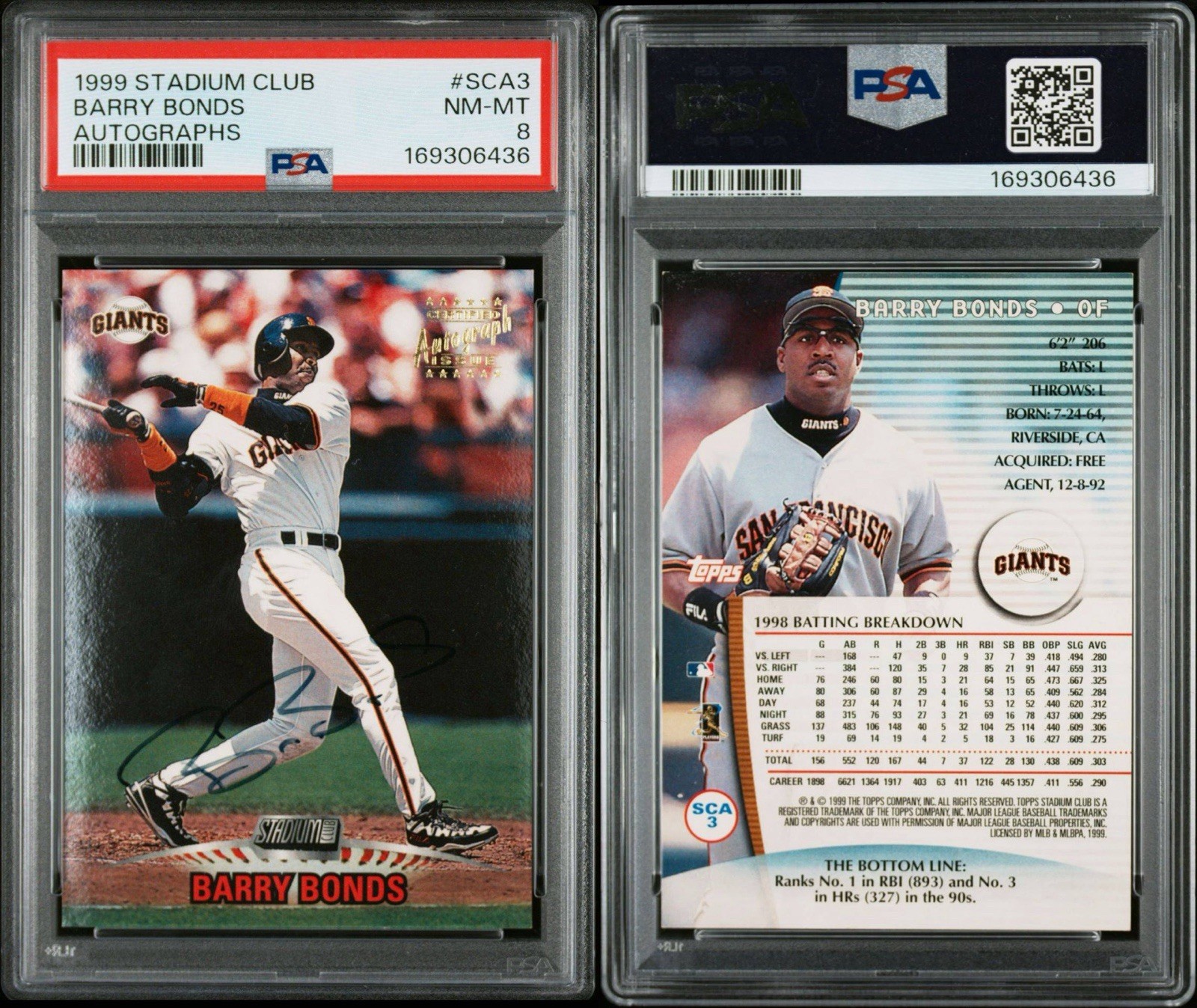 Topps 1999 Stadium Club Autographs Barry Bonds SCA 3 PSA 8 Auto 169306436