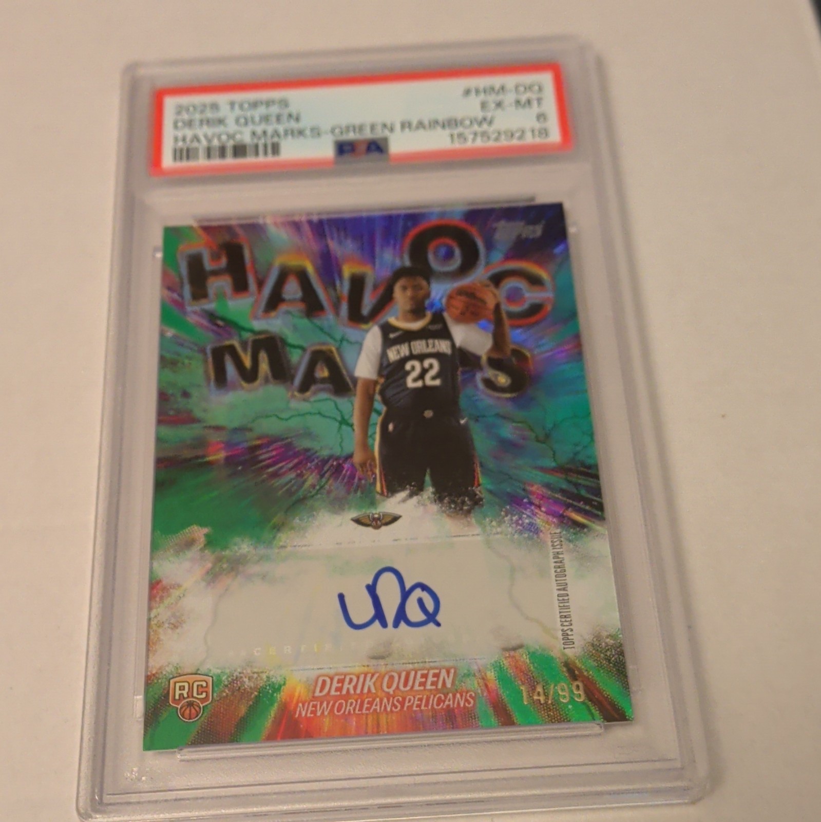 Topps 2025-26 Derik Queen Havoc Marks #HM-DQ Green Rainbow Auto RC /99 PSA 6