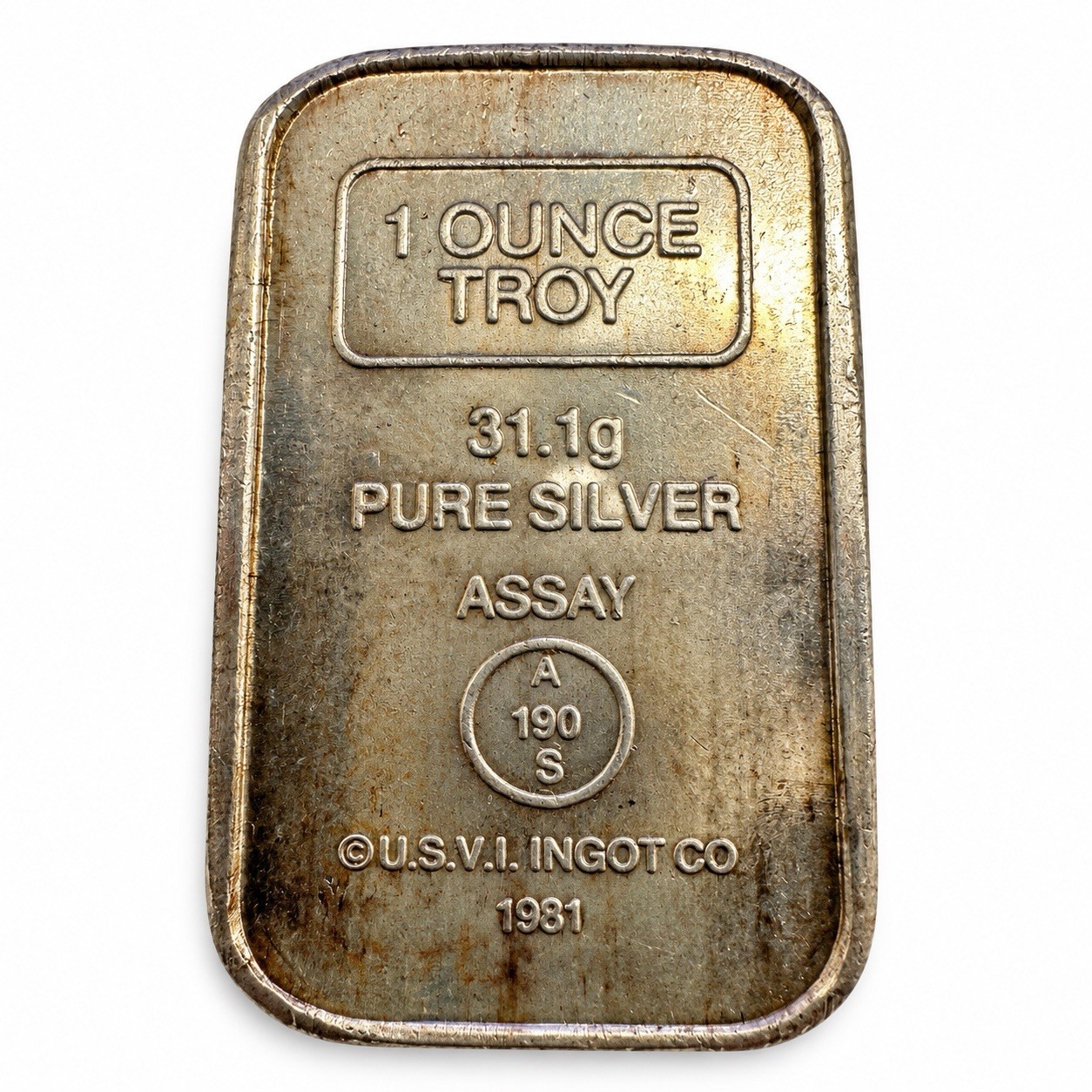 1981 Vintage A-MARK- U.S.V.I. - 1 Troy Oz, .999 Silver Ingot Bar A-190S 1981 Vintage A-MARK- U.S.V.I. - 1 Troy Oz, .999 Silver Ingot Bar A-190S