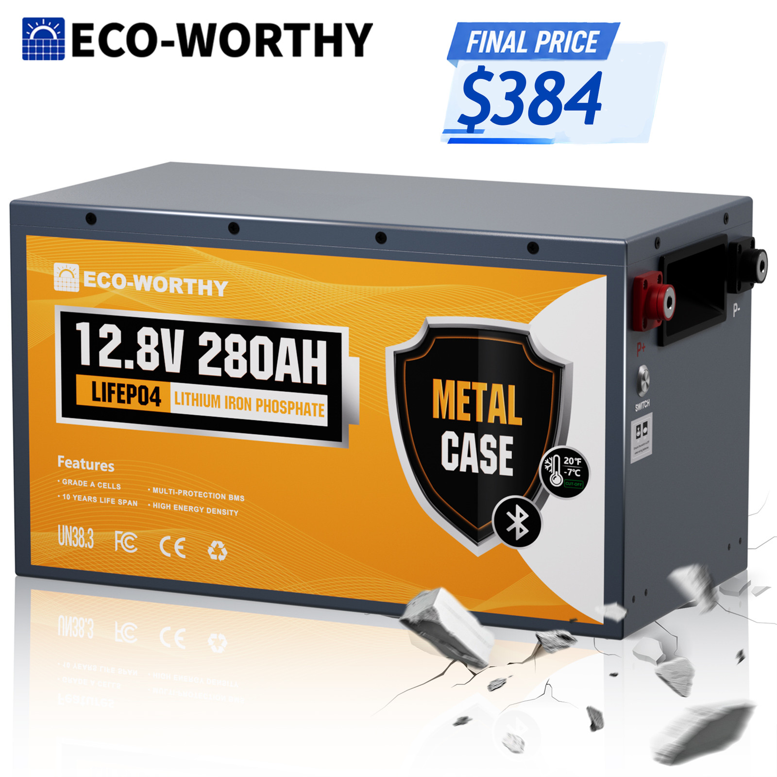 ECO-WORTHY 12V 280Ah 3584Wh Bluetooth Metal Case LiFePO4 Lithium Battery For RV