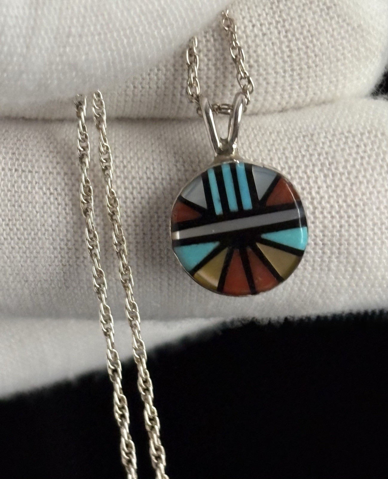 Authentic VTG Signed Zuni Morris & Sadie Laahty Inlay Mini Mosaic SS Necklace