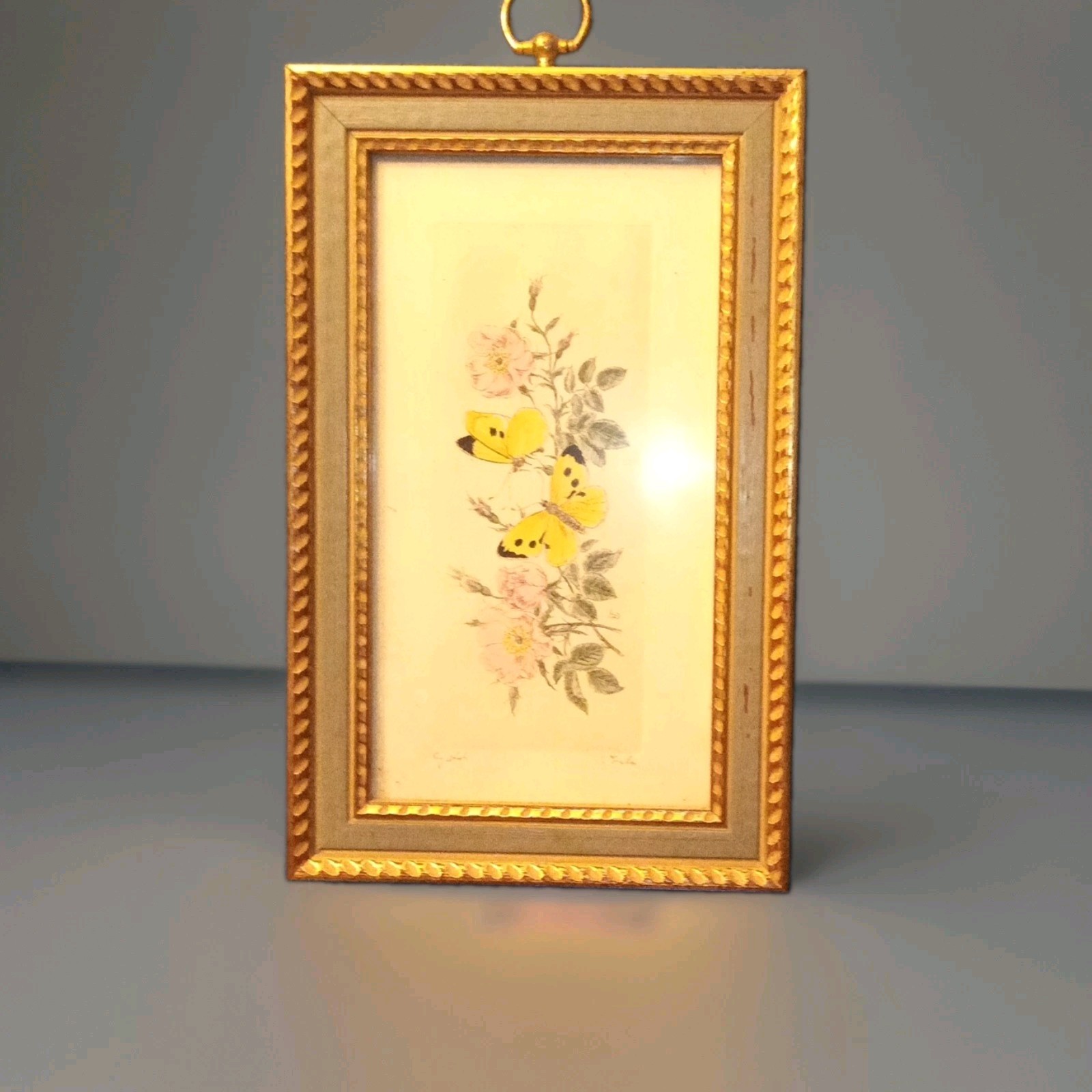 Traber-Set Of 2 Signed Original Floral Etchings Butterfly & Flowers Framed Vtg
