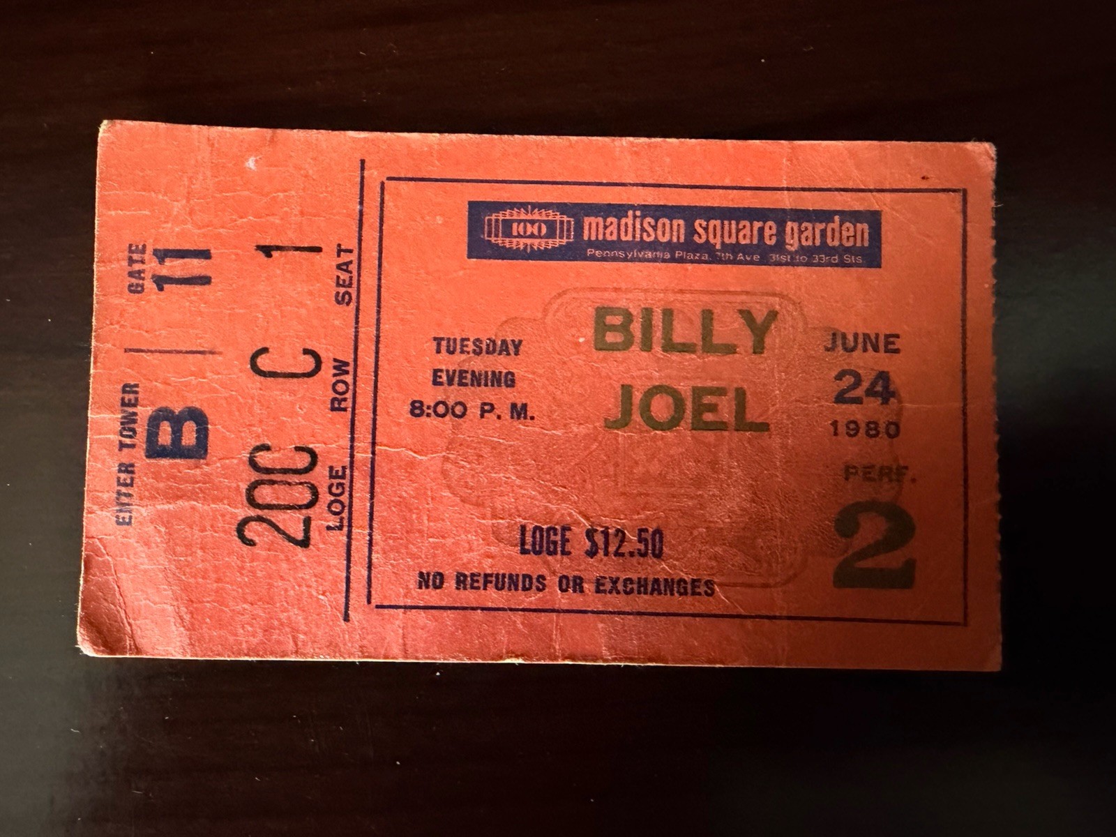 Billy Joel June 24 1980 Madison Square Garden MSG Original Concert Ticket Stub