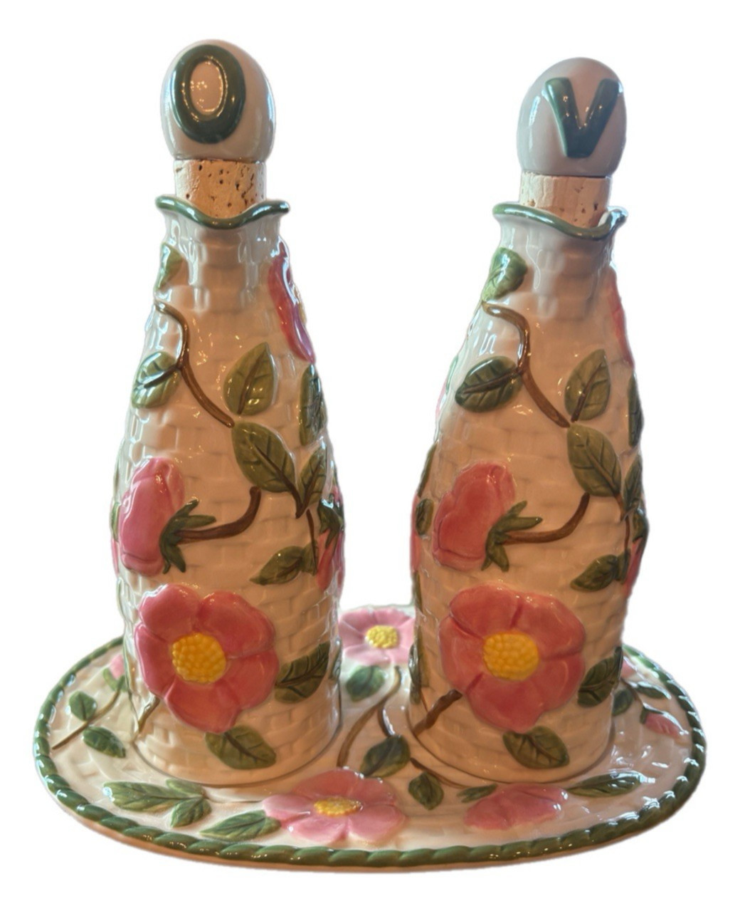 Vtg NEW Franciscan Desert Rose Oil & Vinegar Cruet Set Underplate Stoppers 3 Pc