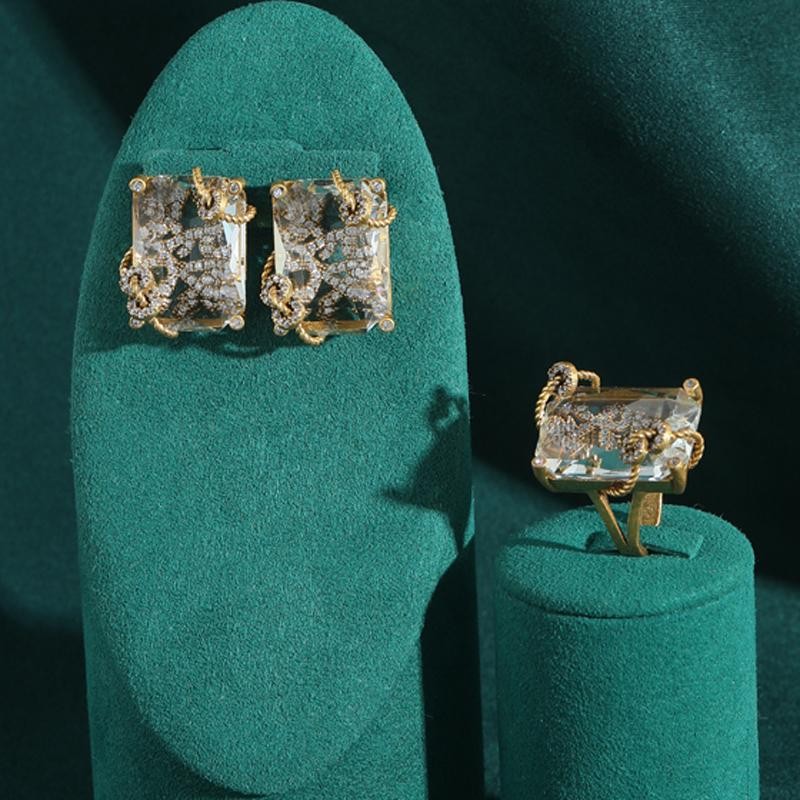 Vintage Clear Glass Square Earrings Ring Set Retro Luxury Statement Jewellery Vintage Clear Glass Square Earrings Ring Set Retro Luxury Statement Jewellery