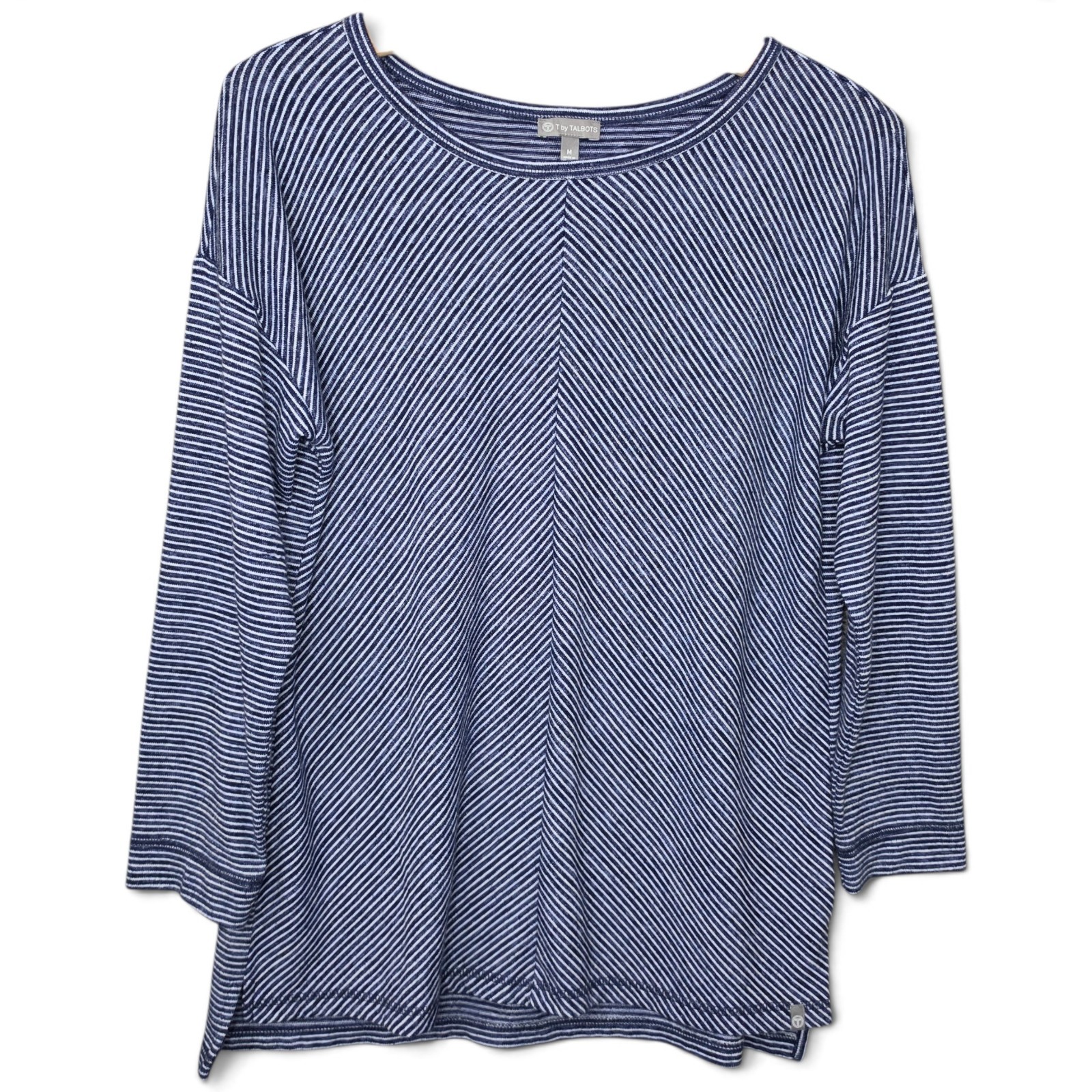 T by Talbots Top Womens Medium Blue White Diagonal Stripe 3/4 Sleeve Athleisure