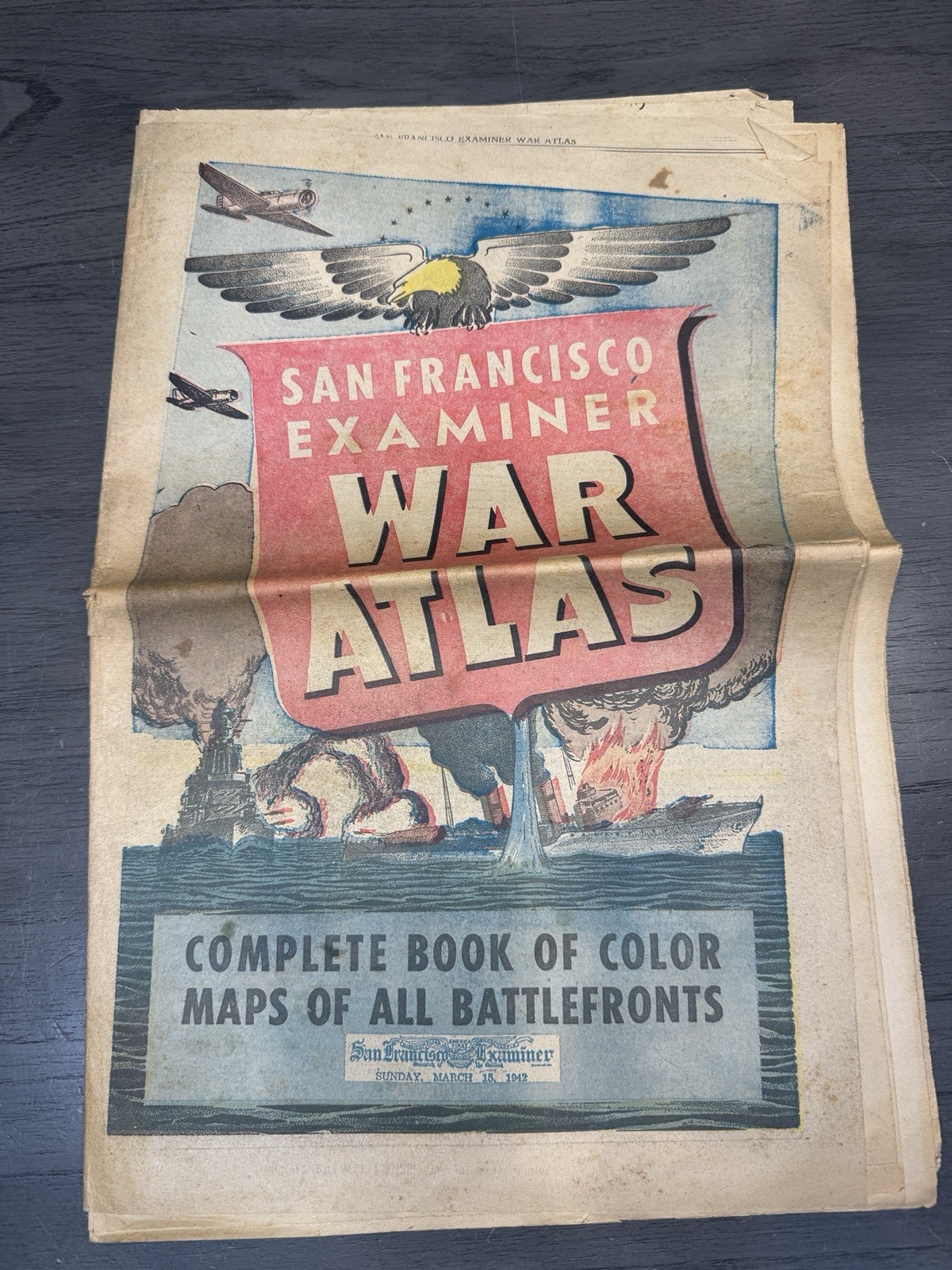 Original 1942 WWII San Francisco Examiner War Atlas Complete Color Maps March 15