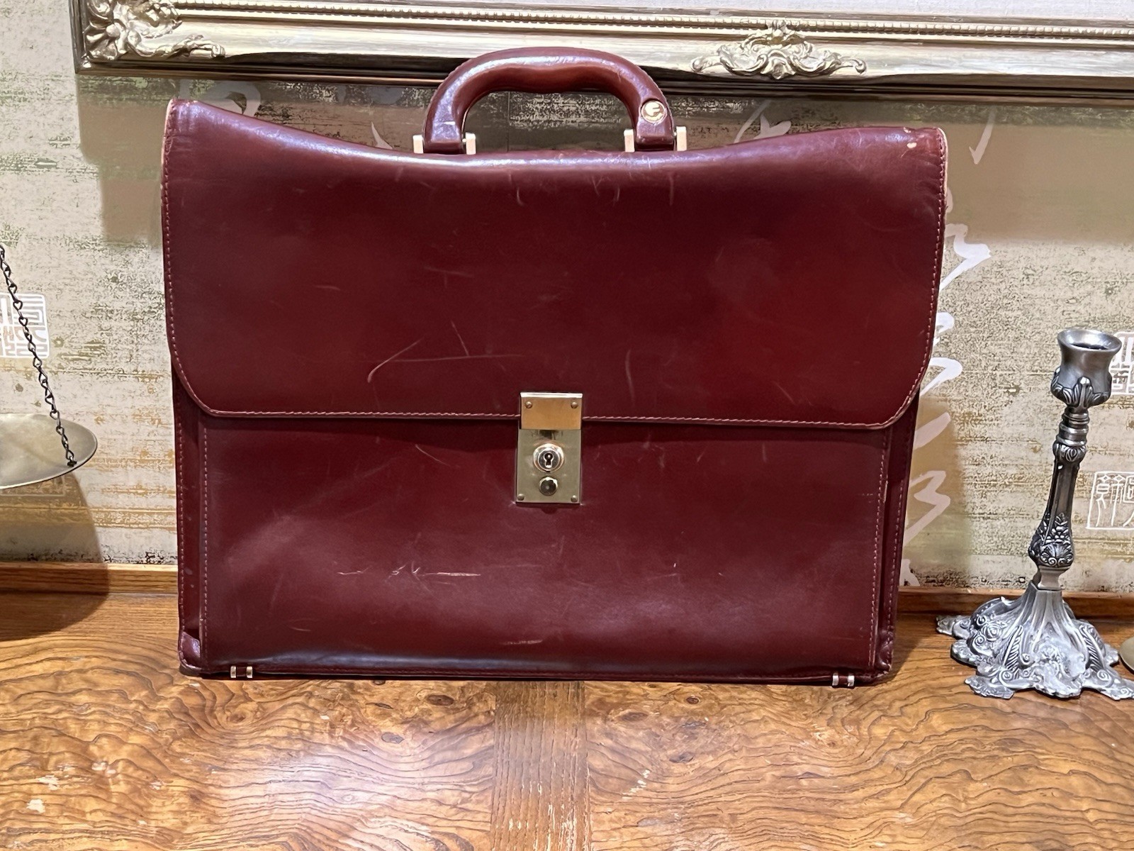 Vintage Finnegans London Leather Briefcase Attache Case Burgundy Brass Lock