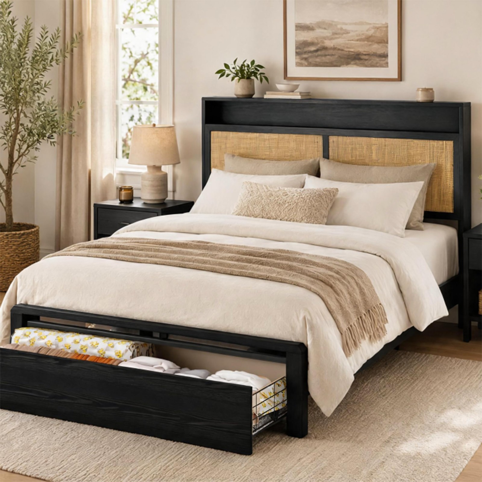 LED Bed Fame Full/Queen/King with Storage Headboard,Charging Station and Drawers