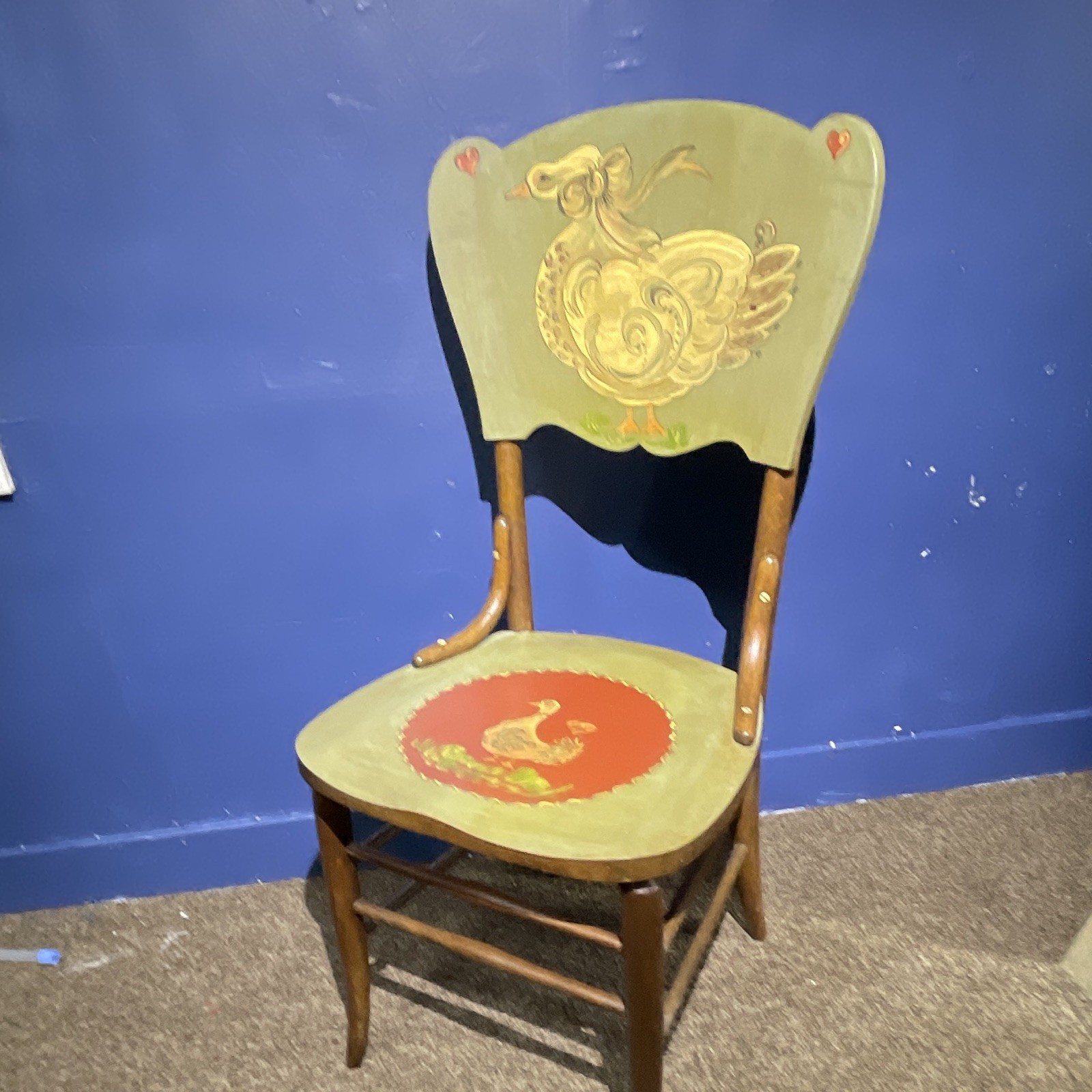 Vintage Hand-Painted Wooden Goose Chair, Folk Art, Signed & Dated 1985
