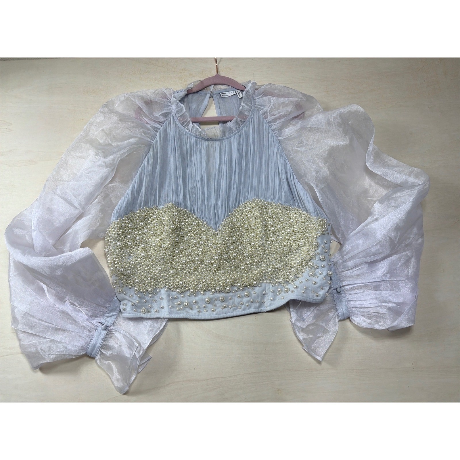 ASOS LUXE Curve Pearl Embellished Puff Sleeve Crop Top Light Blue US 22 ASOS LUXE Curve Pearl Embellished Puff Sleeve Crop Top Light Blue US 22